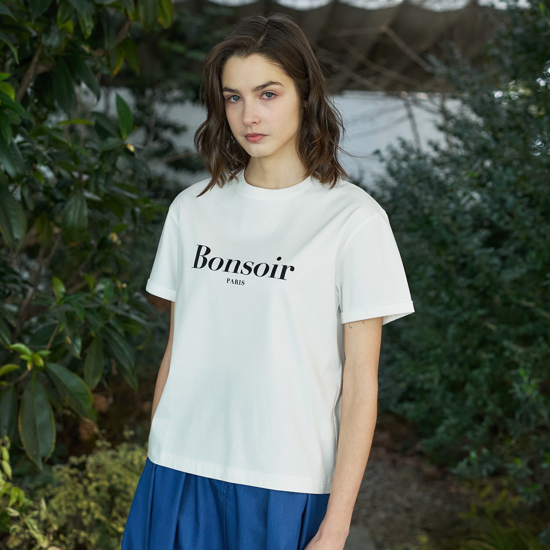 DRESSTERIOR「【接触冷感／抗菌防臭／消臭】アイスクリアコットン Bonsoir ロゴTシャツ」|Tシャツ・カットソー|ホワイト(001)
