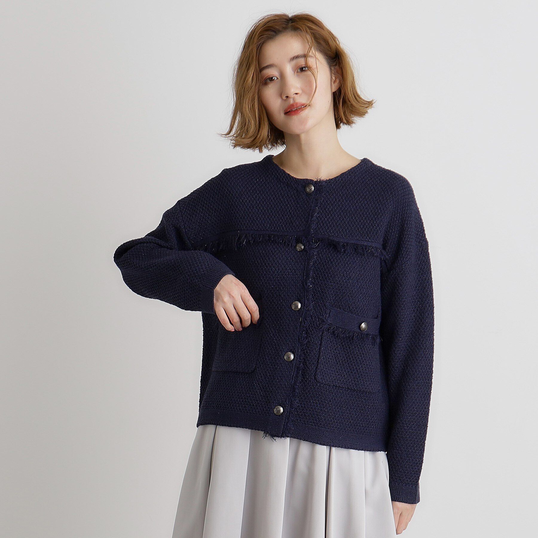 grove「ツイードニットジャケット」|ノーカラージャケット|