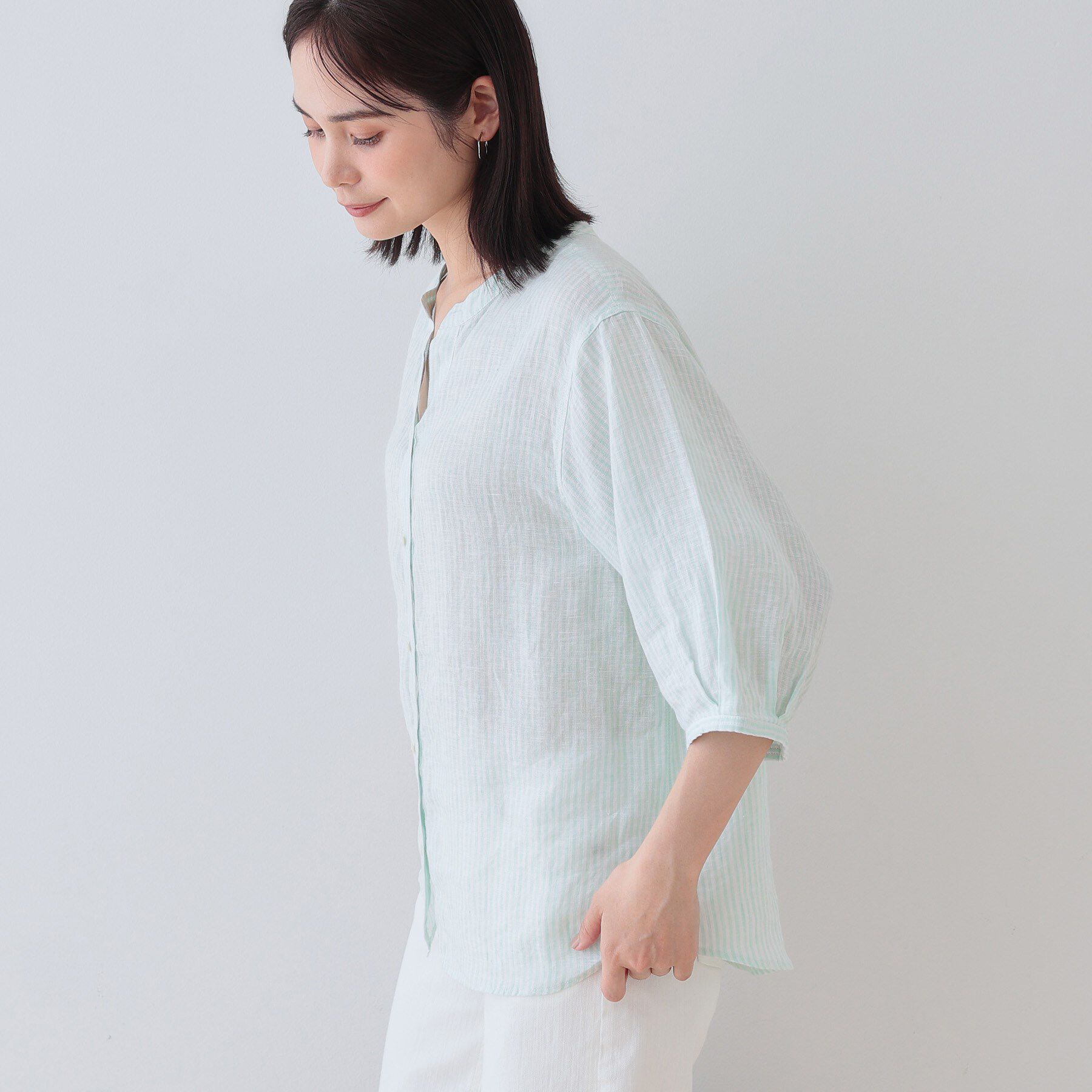 INDIVI「【毎年人気！／フレンチリネン】5分袖バンドカラーブラウス」|シャツ・ブラウス|