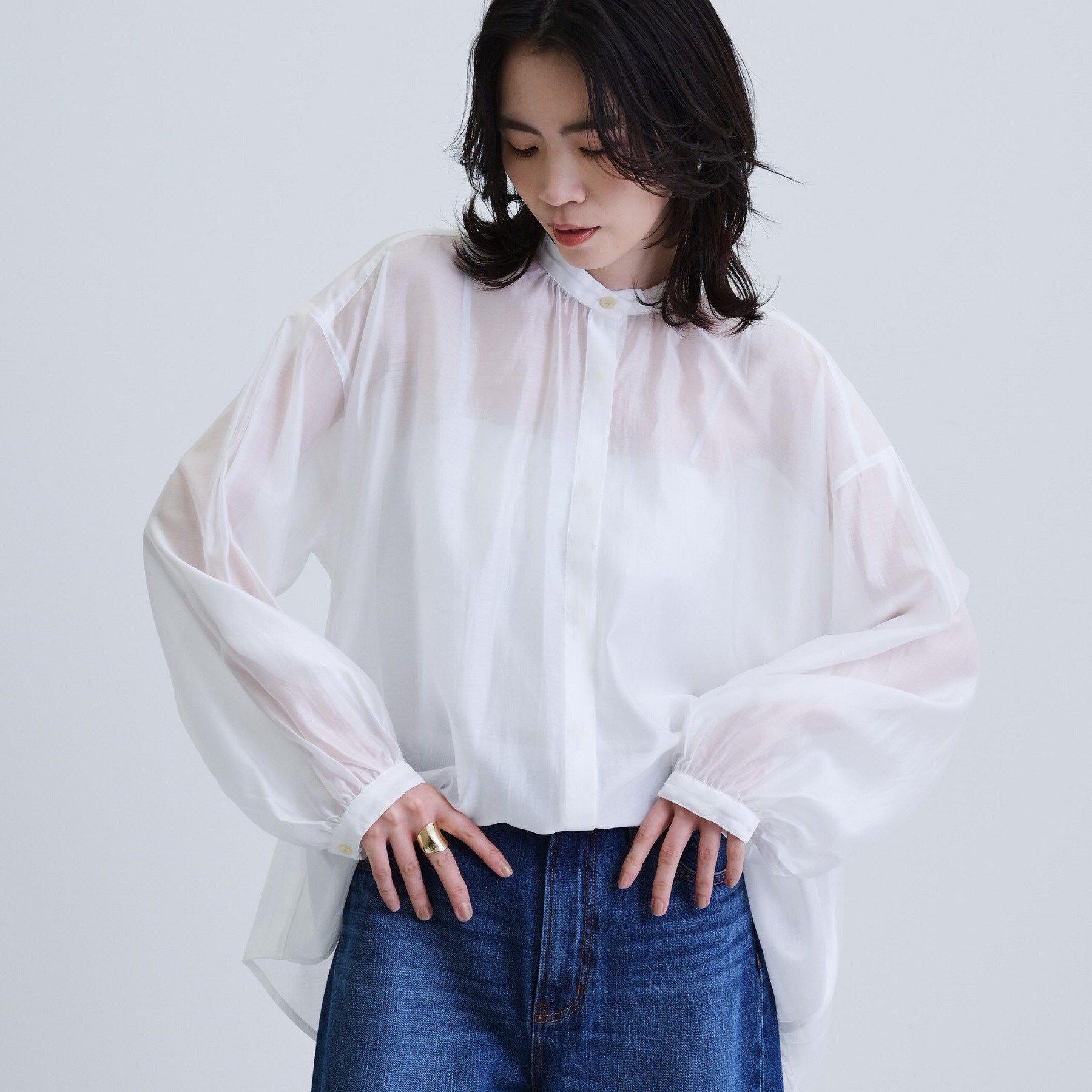 GALLEST「シアーローンミドル丈シャツ/シアーシャツ/シアートップス【洗える】」|シャツ・ブラウス|ホワイト(001)