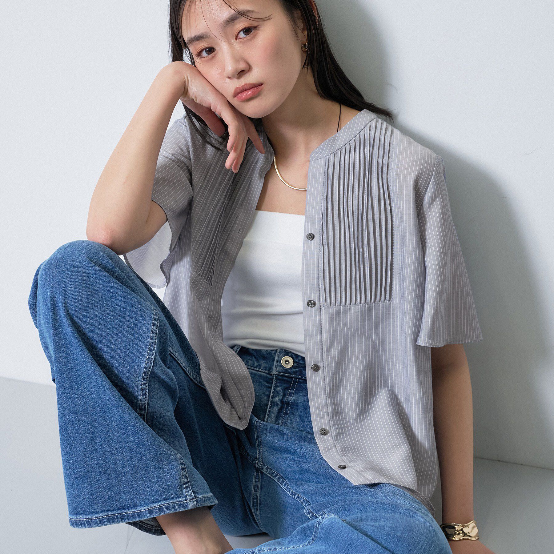 INDIVI「【洗える】シアーシャンブレーピンタックブラウス」|シャツ・ブラウス|