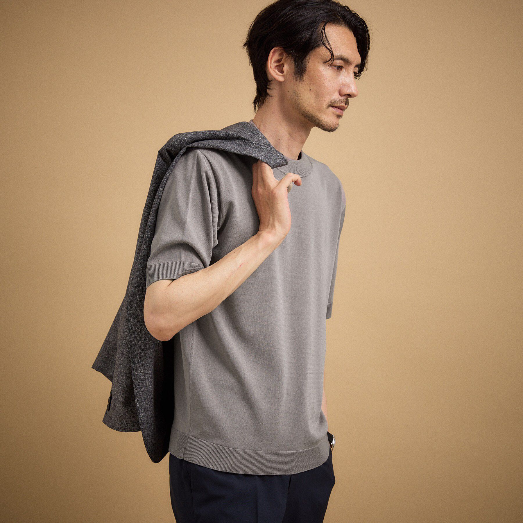 TAKEO KIKUCHI「ヴィスコースナイロンモックネックニット」|ニット・セーター|ベージュ(052)