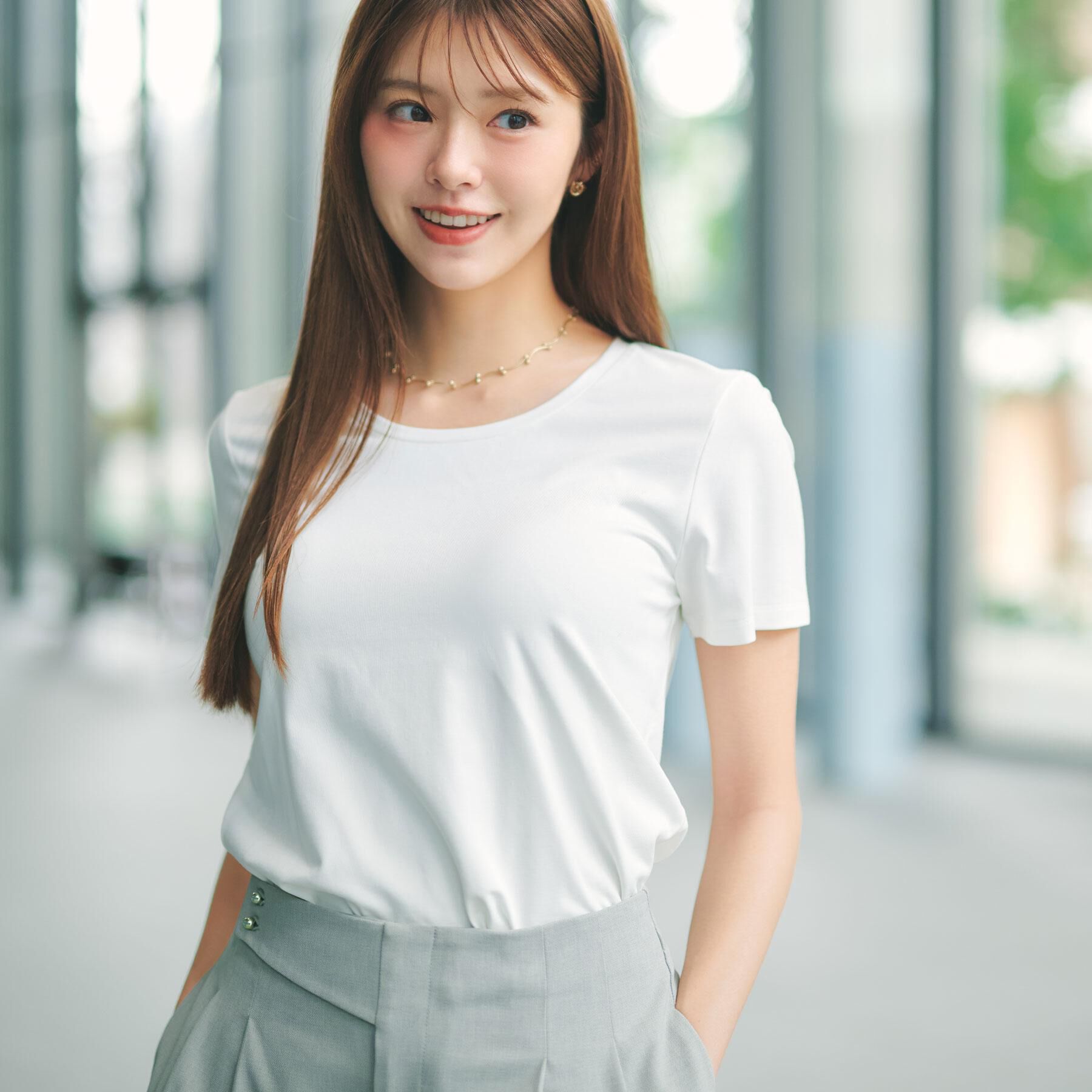 index「薄手なのに透けにくい！ベーシックTシャツ【洗濯機OK/接触冷感/吸水速乾/透け防止/UVケア】《S～」|Tシャツ・カットソー|オフホワイト(003