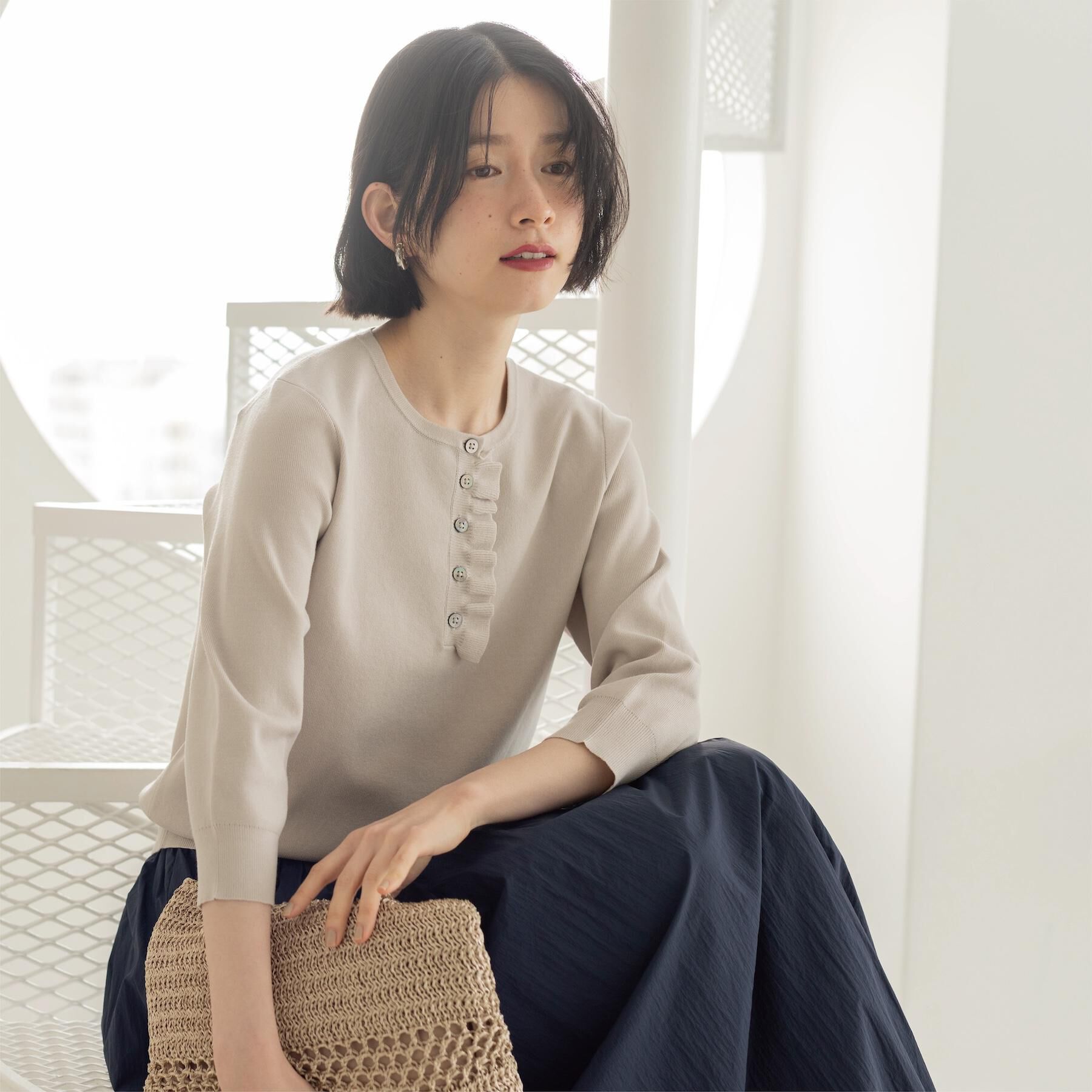 OPAQUE.CLIP「フリルヘンリーネックニット【洗濯機OK/抗ピル】」|ニット・セーター|