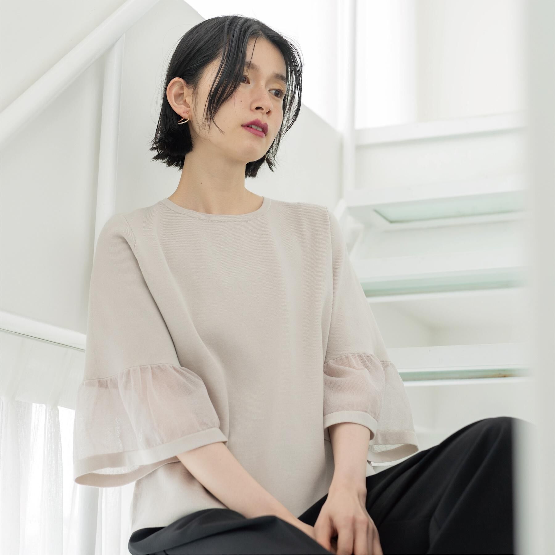 OPAQUE.CLIP「シアーフレアスリーブニット【洗濯機OK/抗ピル】」|ニット・セーター|