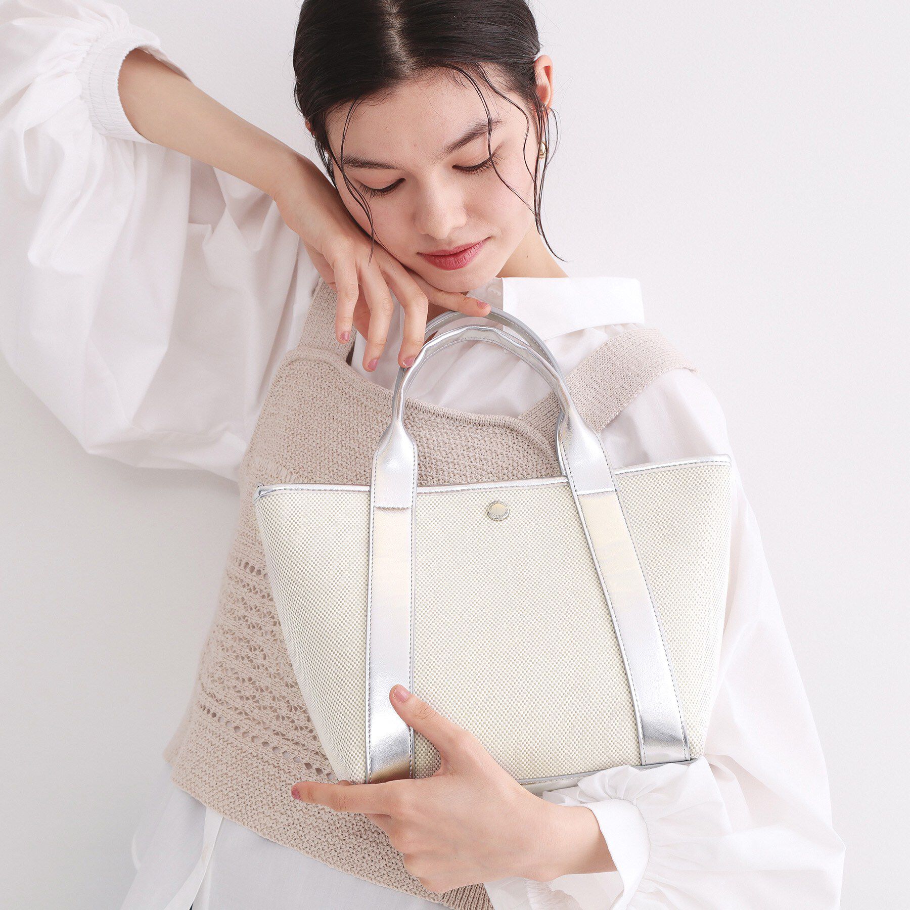 OPAQUE.CLIP「【2WAY】キャンバス&times;合皮コンビミドルトート」|トートバッグ|シルバー(006)