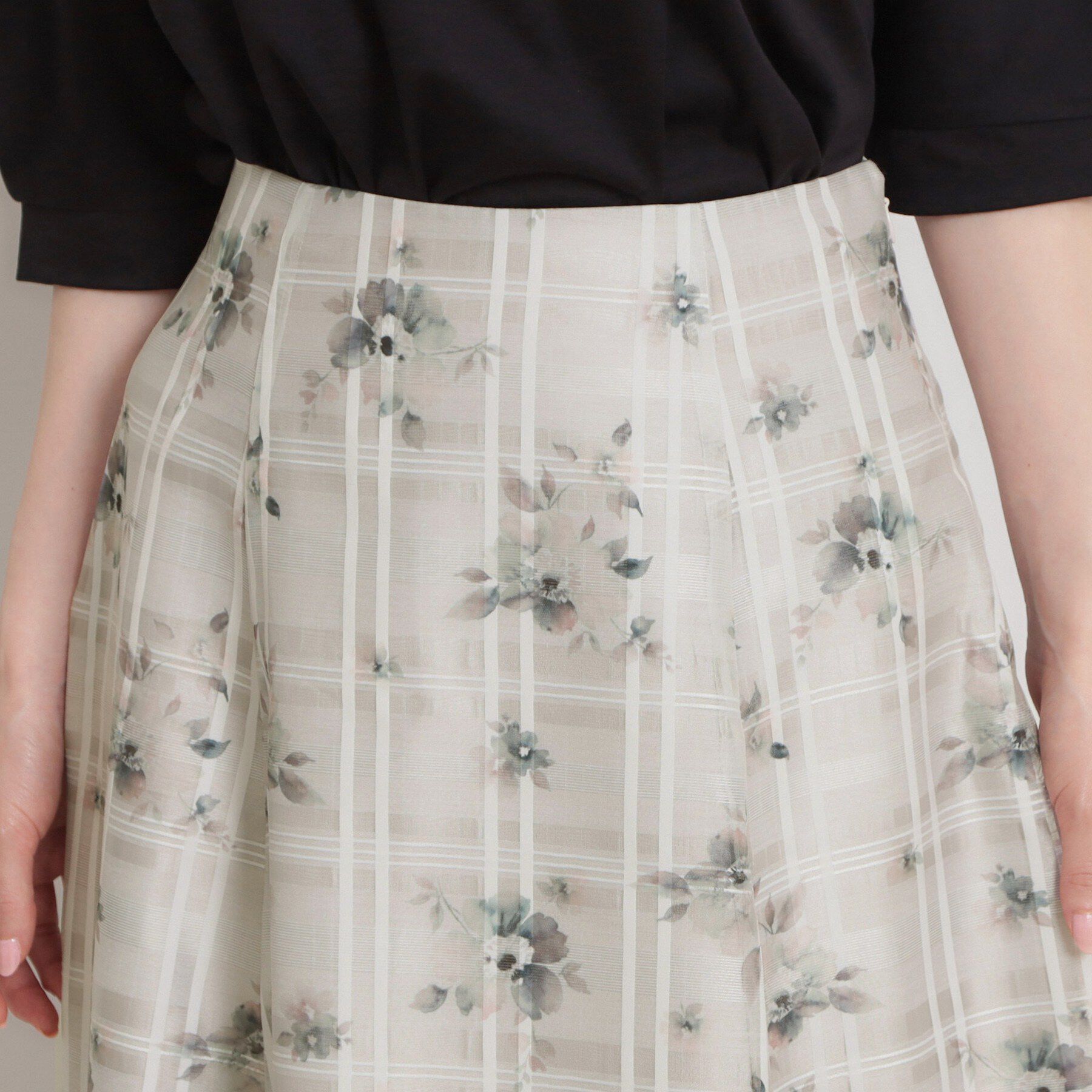 Couture broach「【洗える・着映え】シアーチェック フラワープリント スカート」|スカート|