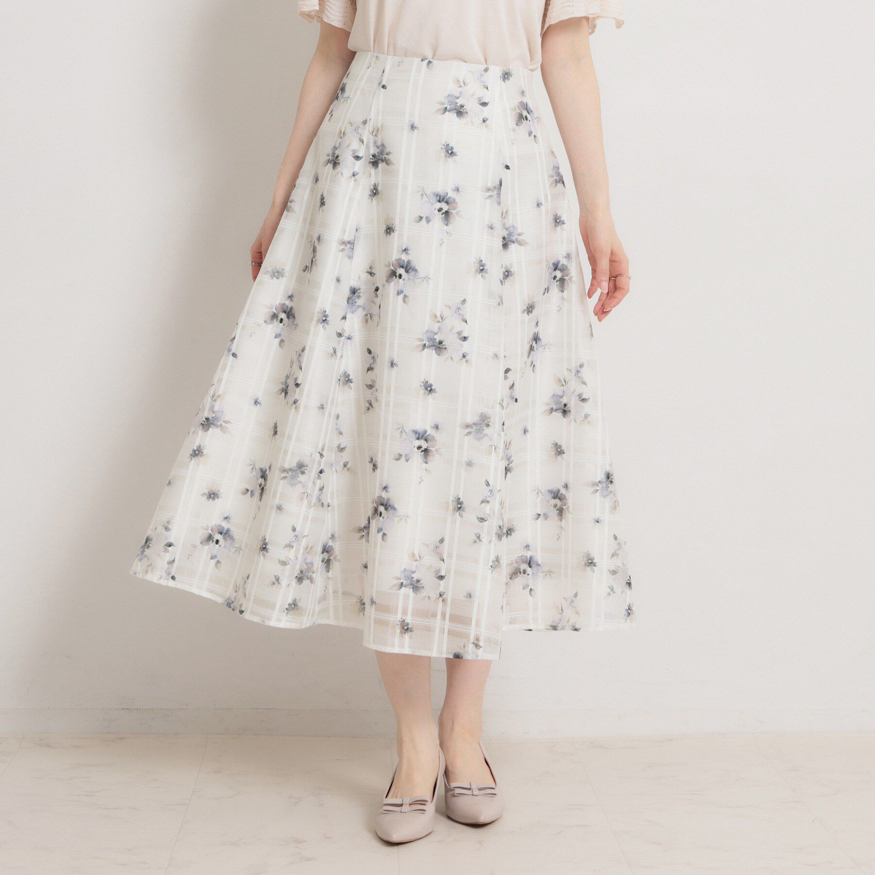 Couture broach「【洗える・着映え】シアーチェック フラワープリント スカート」|スカート|