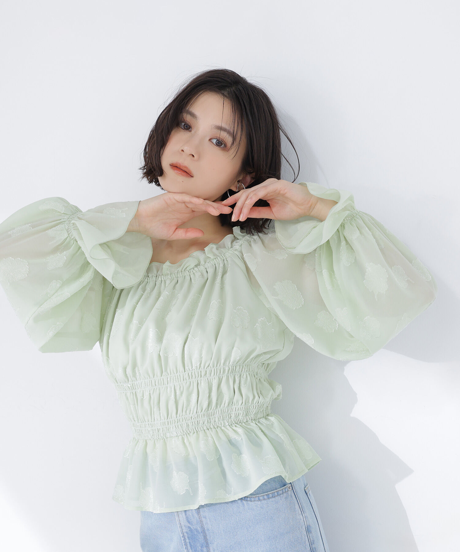  「フラワージャガードブラウス」|シャツ・ブラウス|ライトグリー