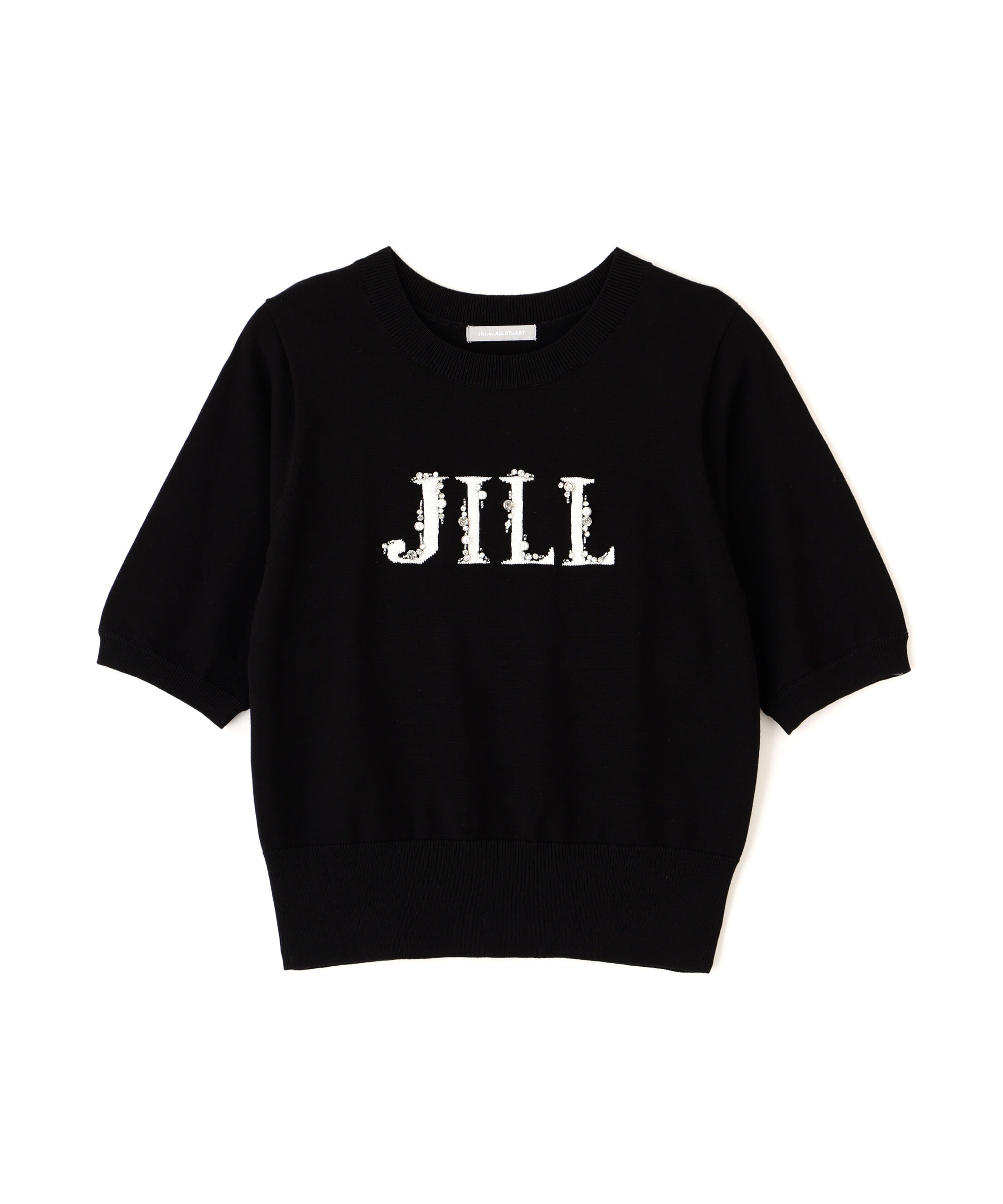  「半袖ロゴジャカードビジューニット」|ニット・セーター|ブラック