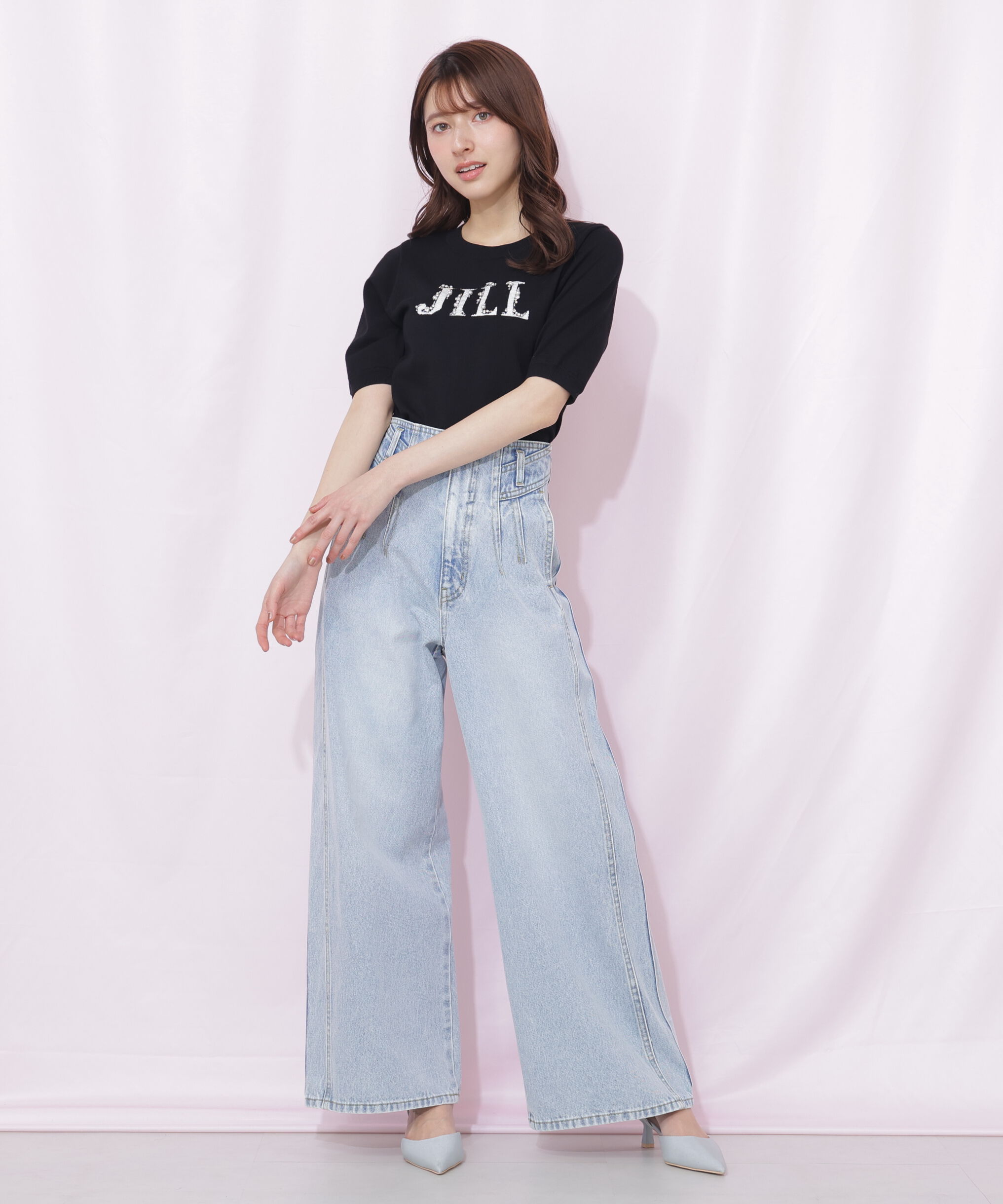  「半袖ロゴジャカードビジューニット」|ニット・セーター|