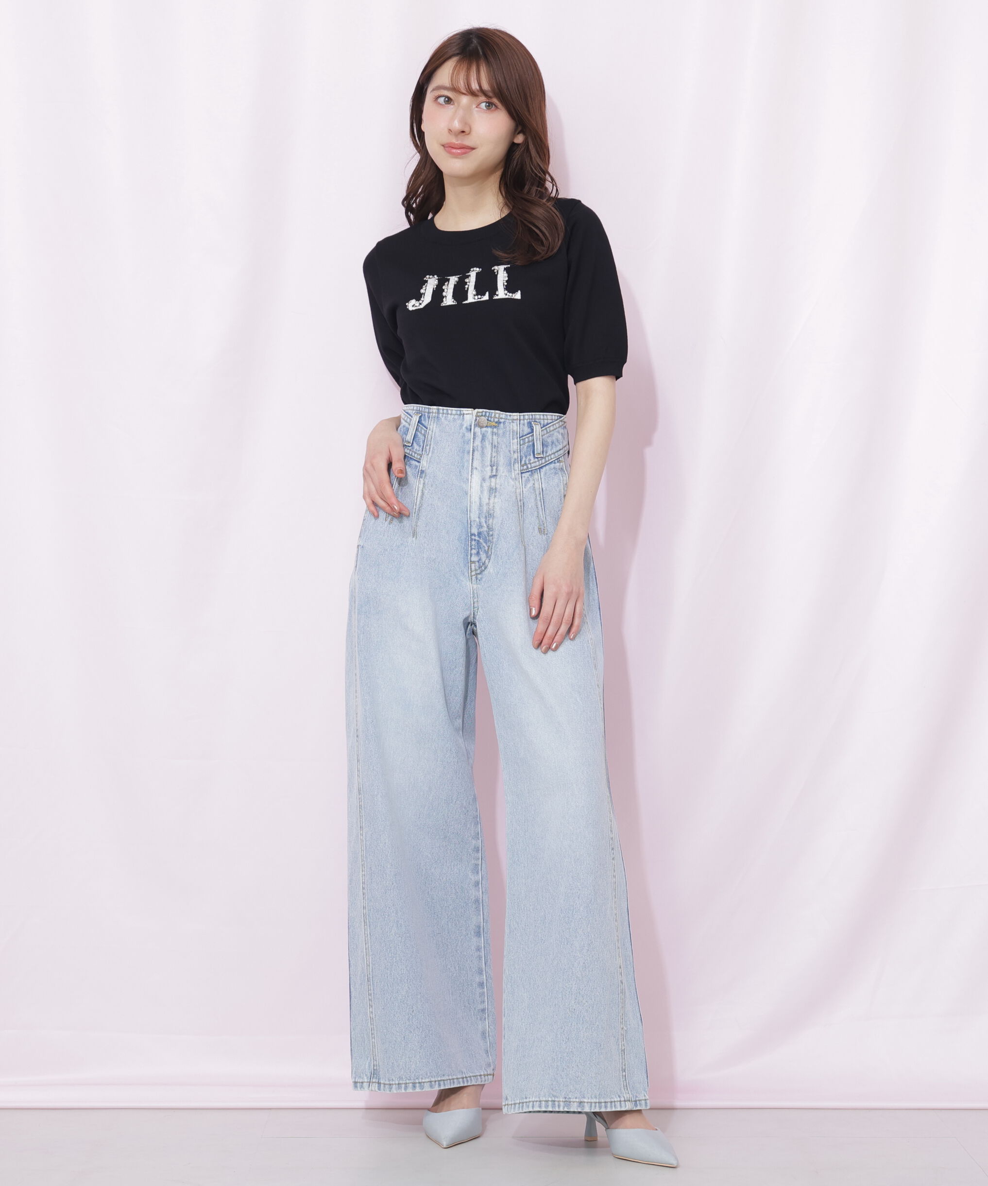  「半袖ロゴジャカードビジューニット」|ニット・セーター|