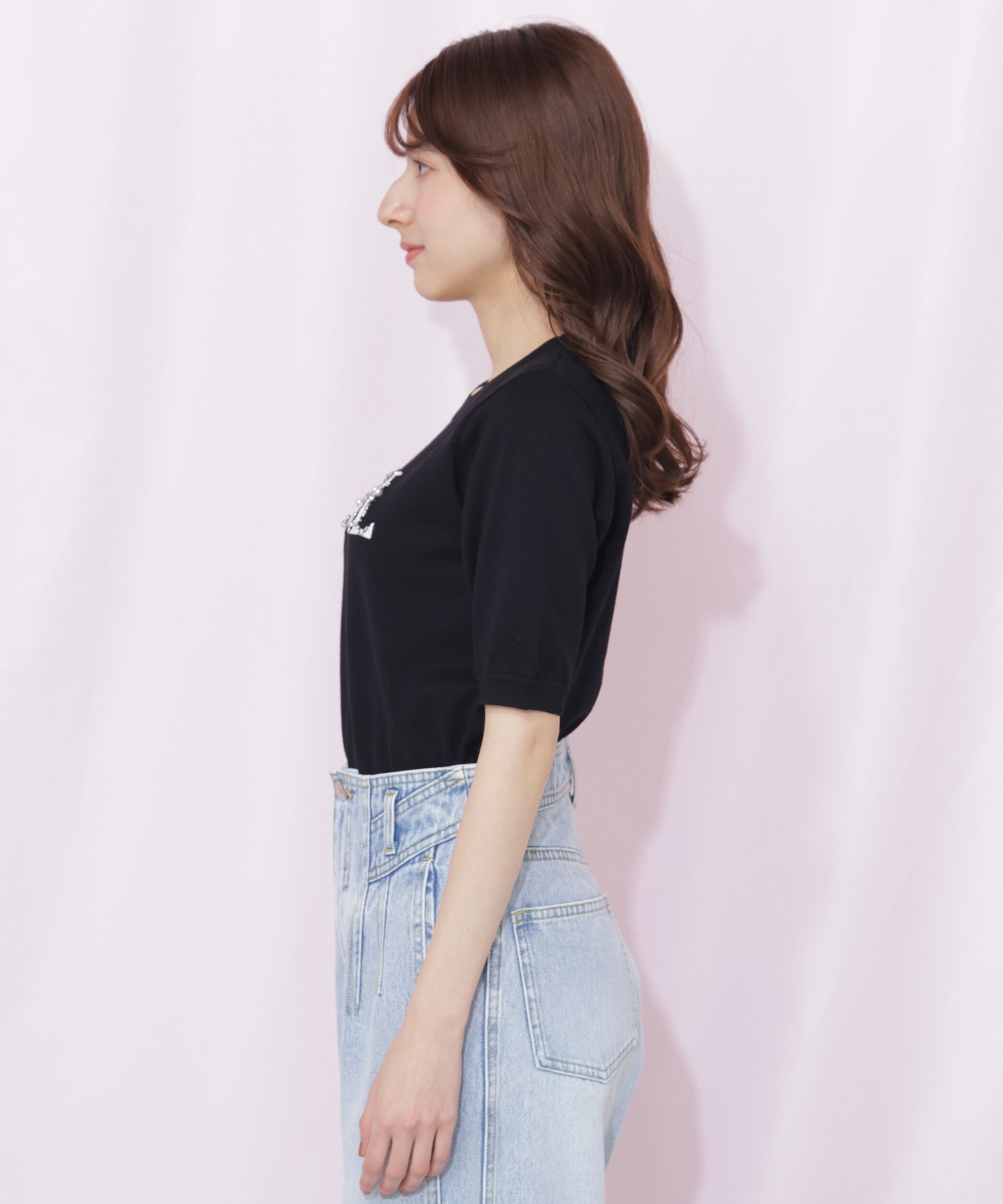  「半袖ロゴジャカードビジューニット」|ニット・セーター|