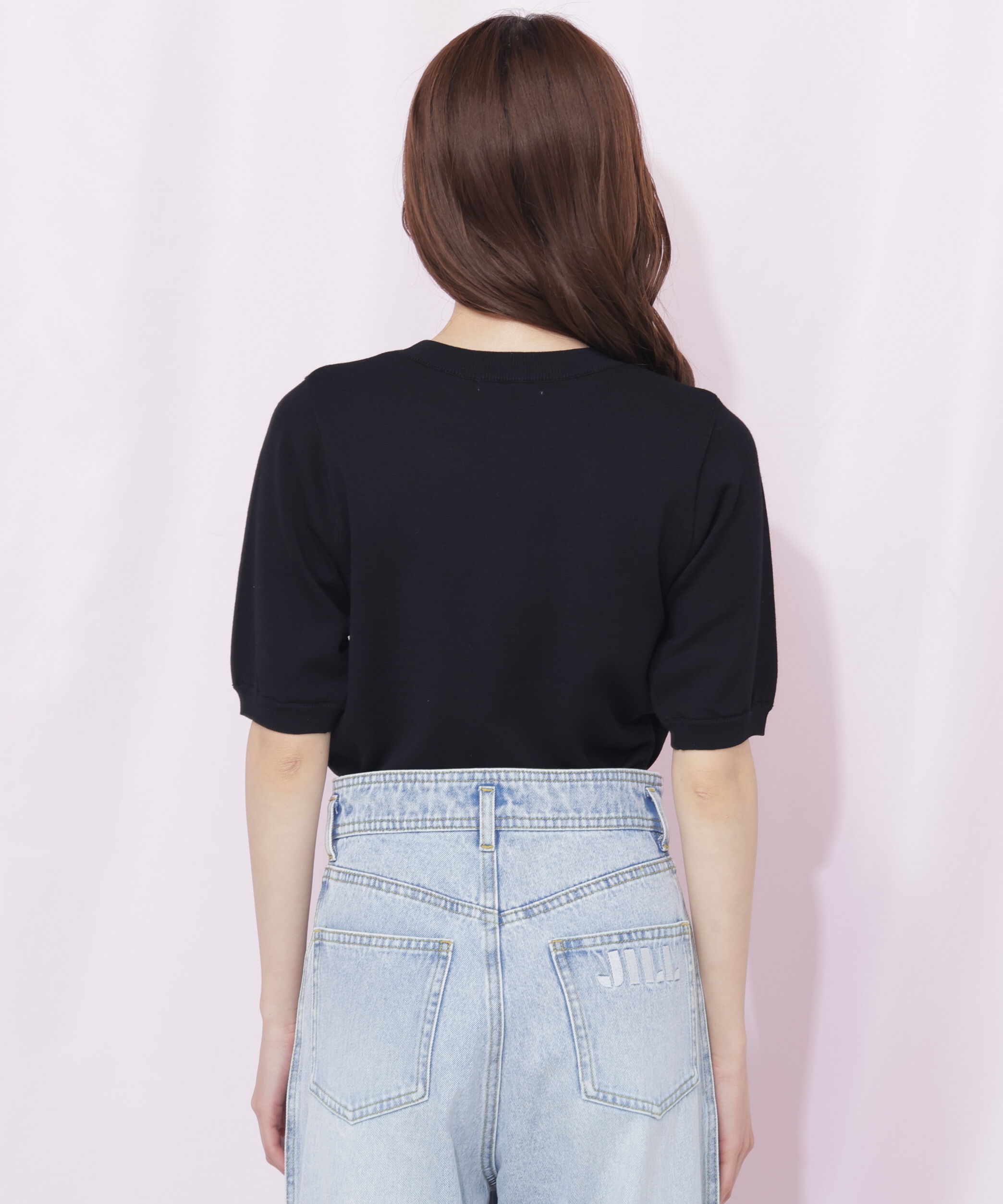  「半袖ロゴジャカードビジューニット」|ニット・セーター|