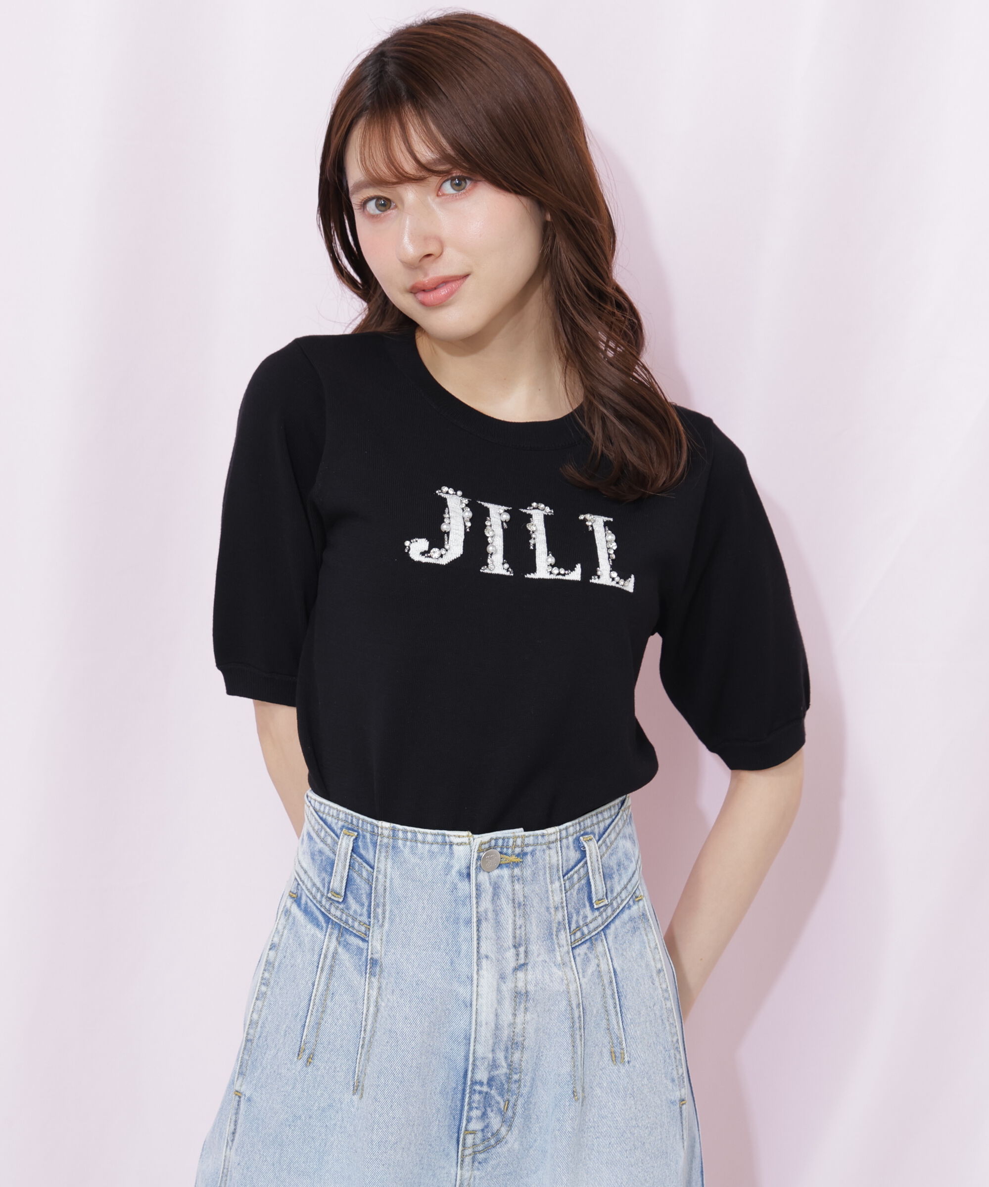  「半袖ロゴジャカードビジューニット」|ニット・セーター|