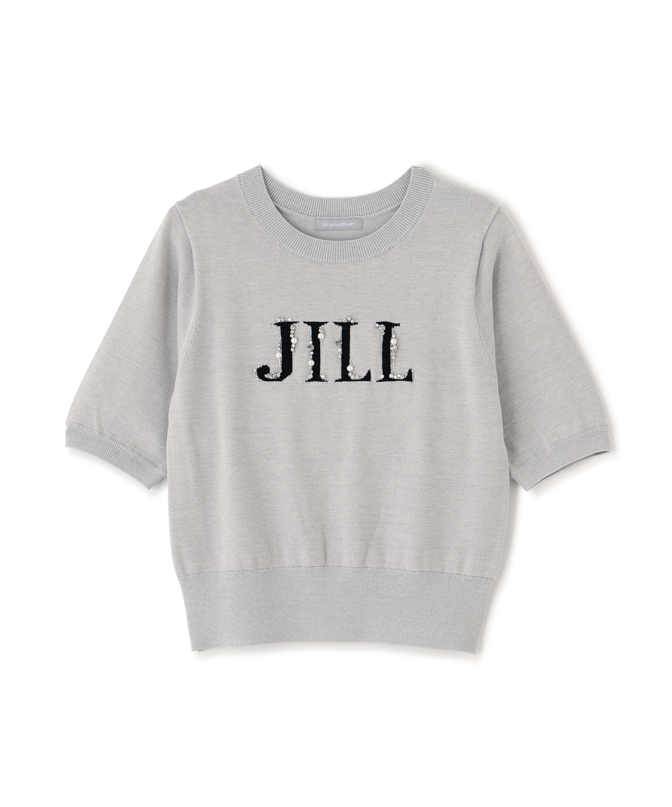  「半袖ロゴジャカードビジューニット」|ニット・セーター|グレー