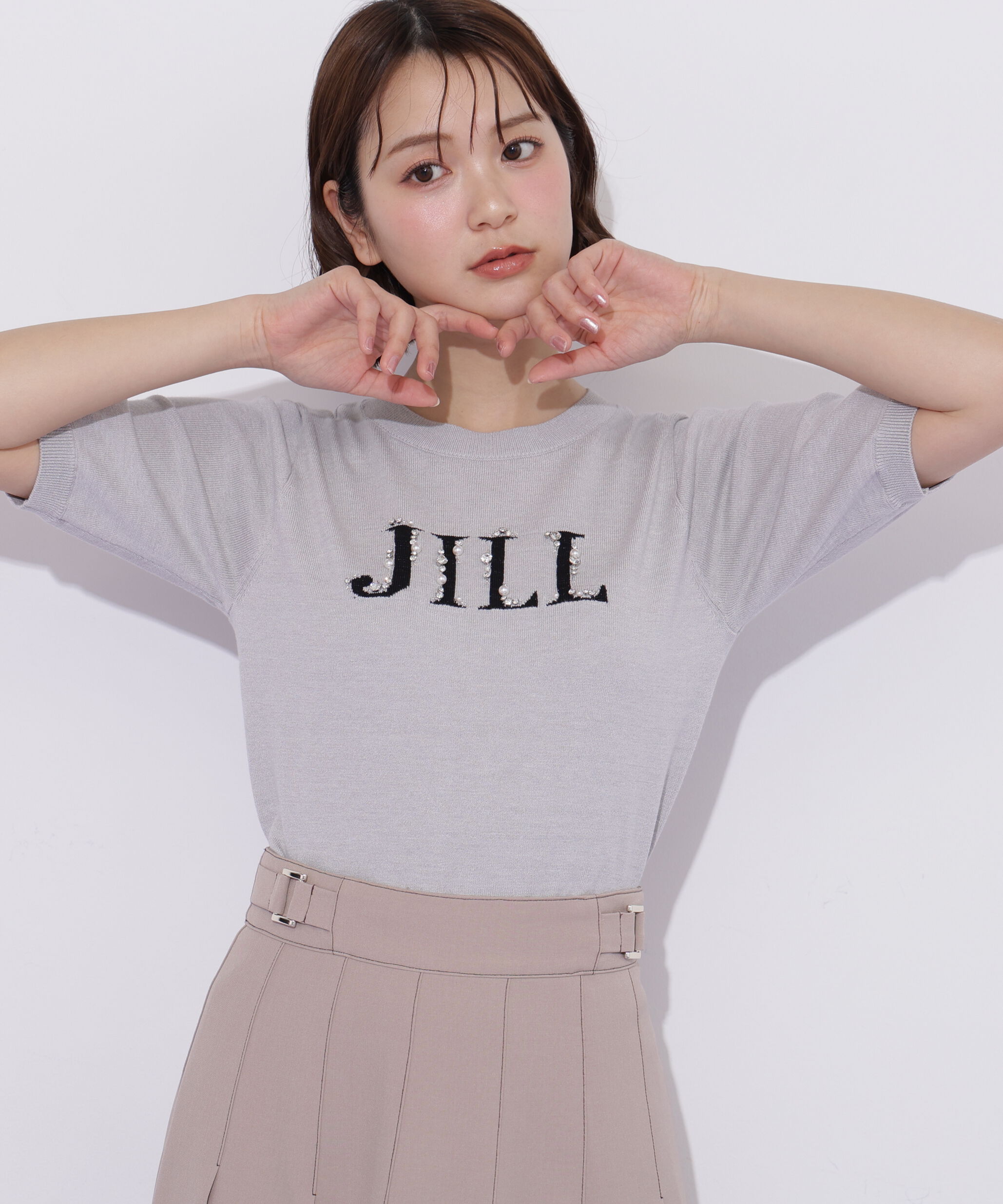  「半袖ロゴジャカードビジューニット」|ニット・セーター|