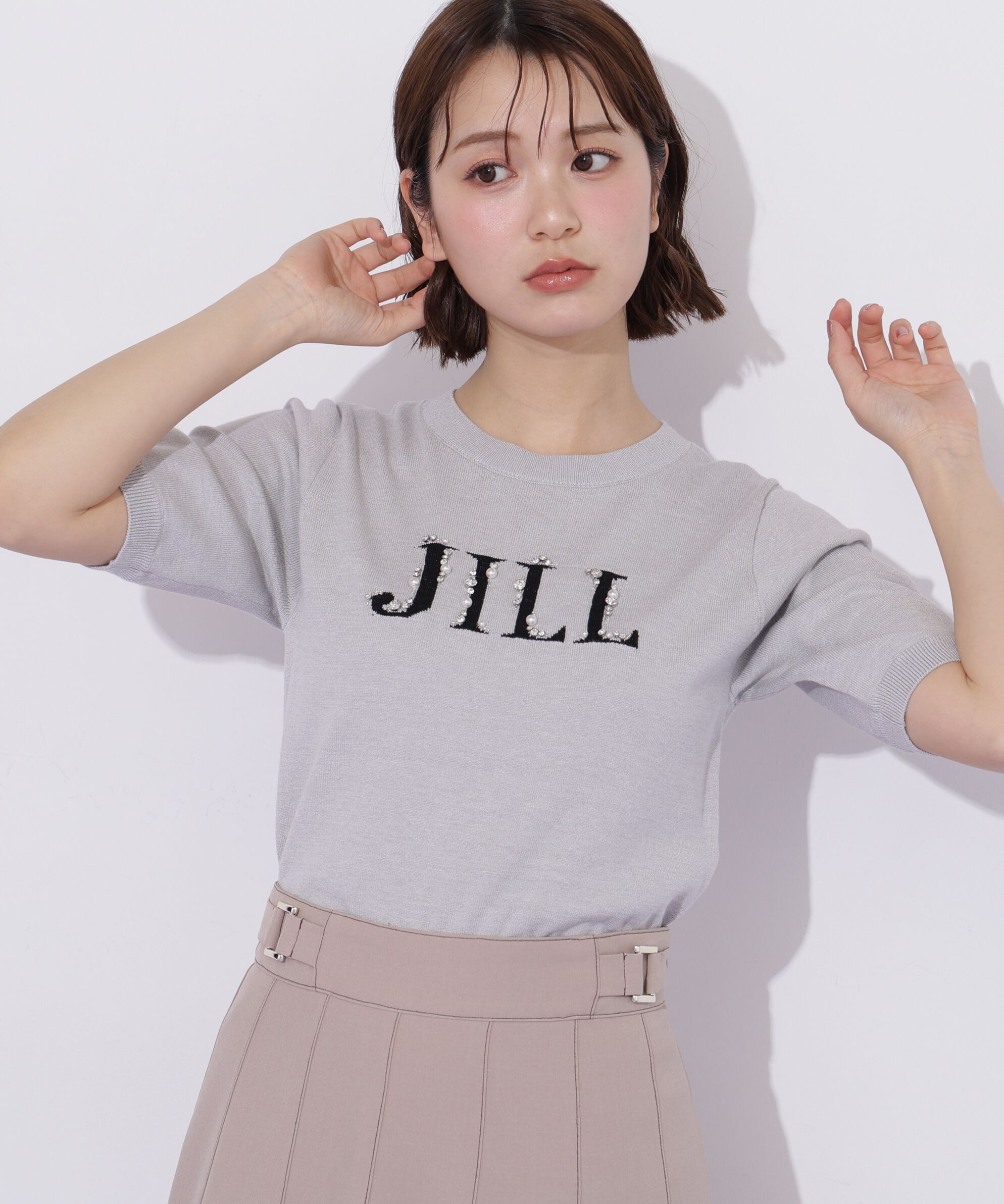  「半袖ロゴジャカードビジューニット」|ニット・セーター|