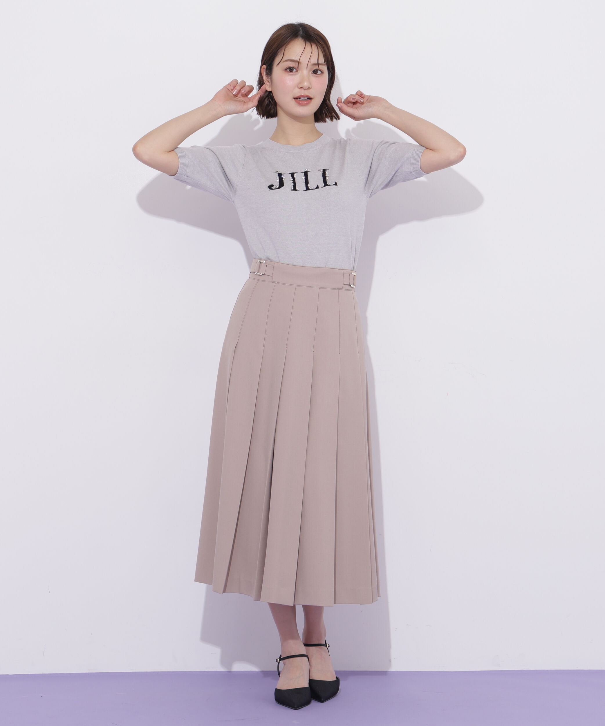  「半袖ロゴジャカードビジューニット」|ニット・セーター|