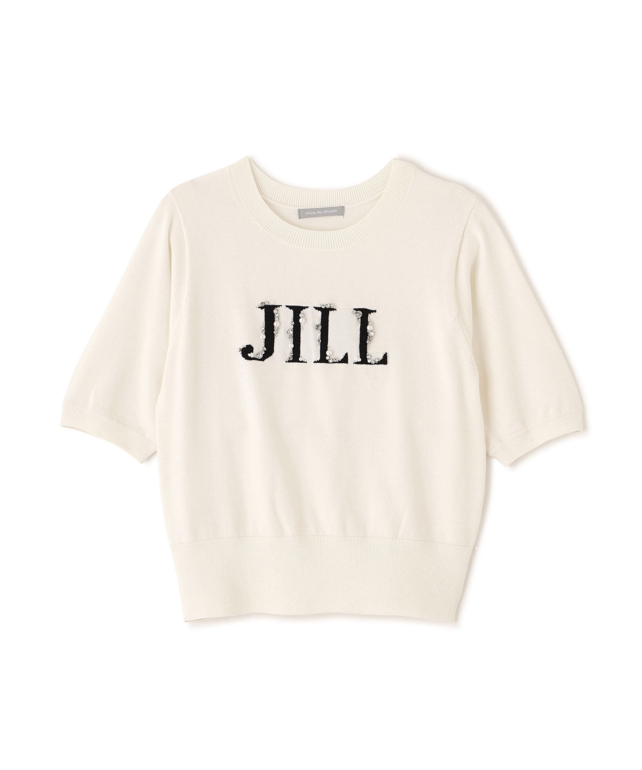  「半袖ロゴジャカードビジューニット」|ニット・セーター|ホワイト