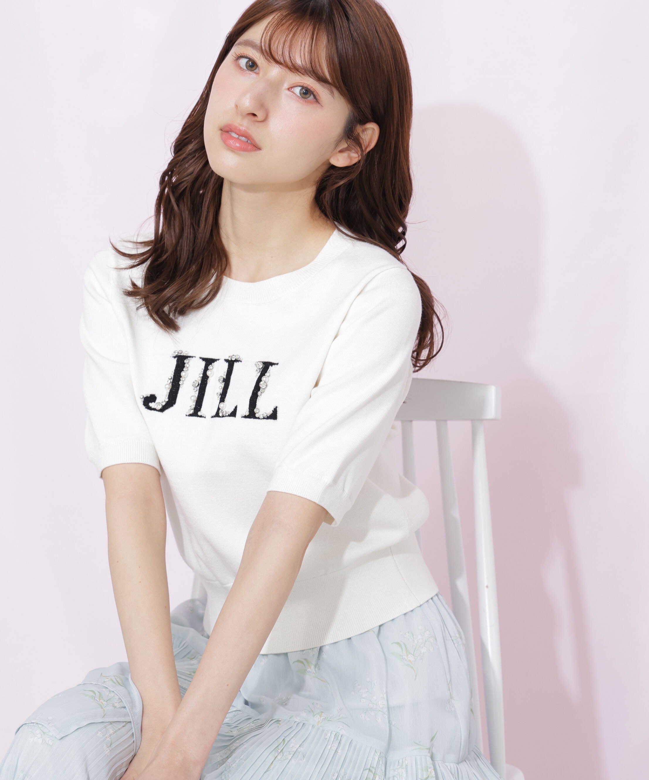  「半袖ロゴジャカードビジューニット」|ニット・セーター|