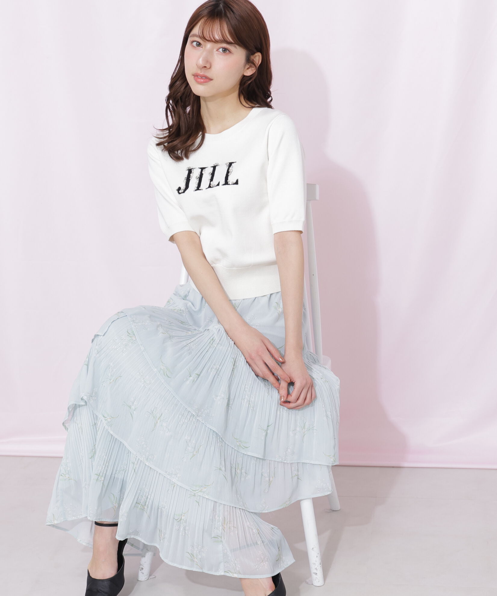  「半袖ロゴジャカードビジューニット」|ニット・セーター|