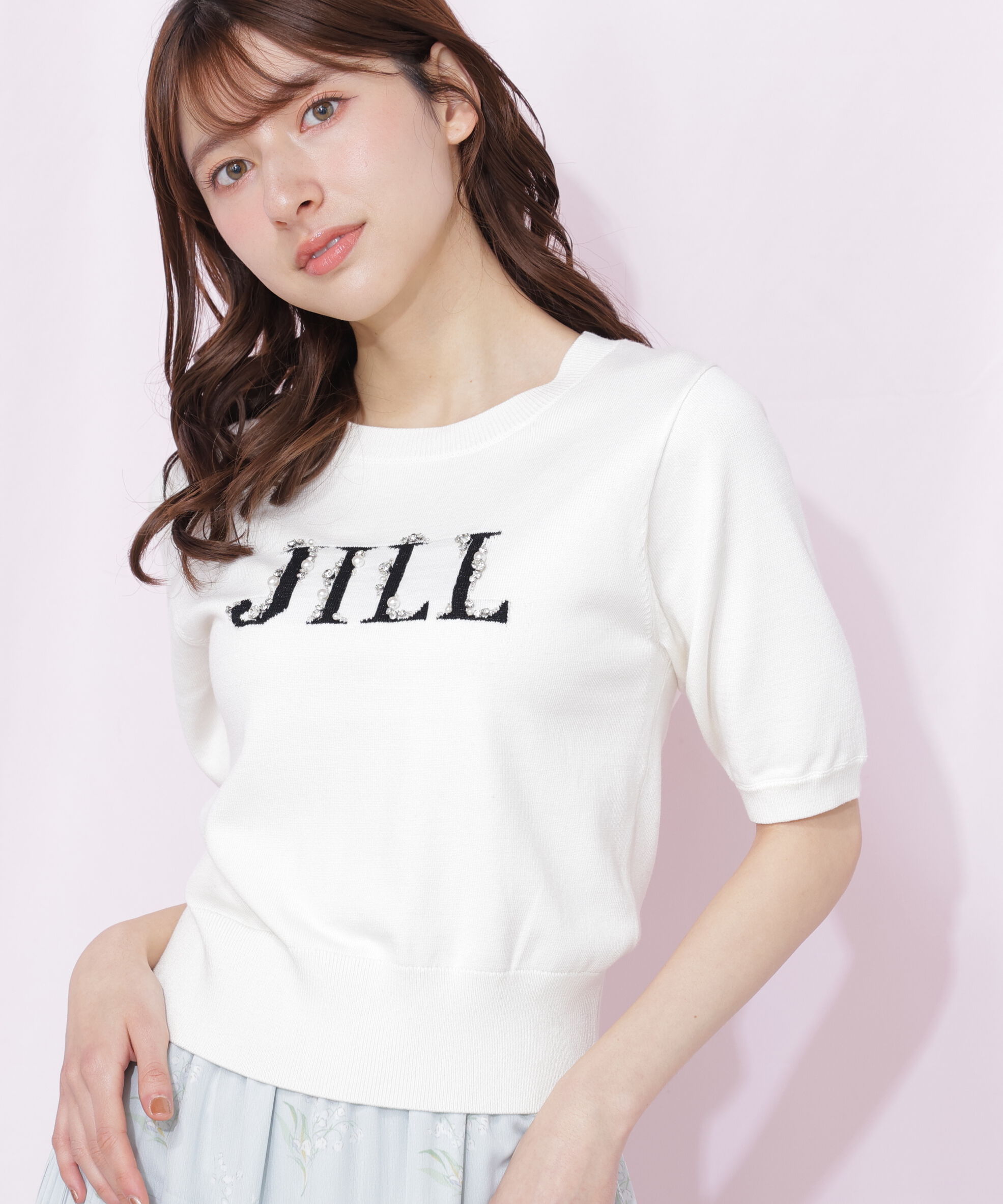  「半袖ロゴジャカードビジューニット」|ニット・セーター|