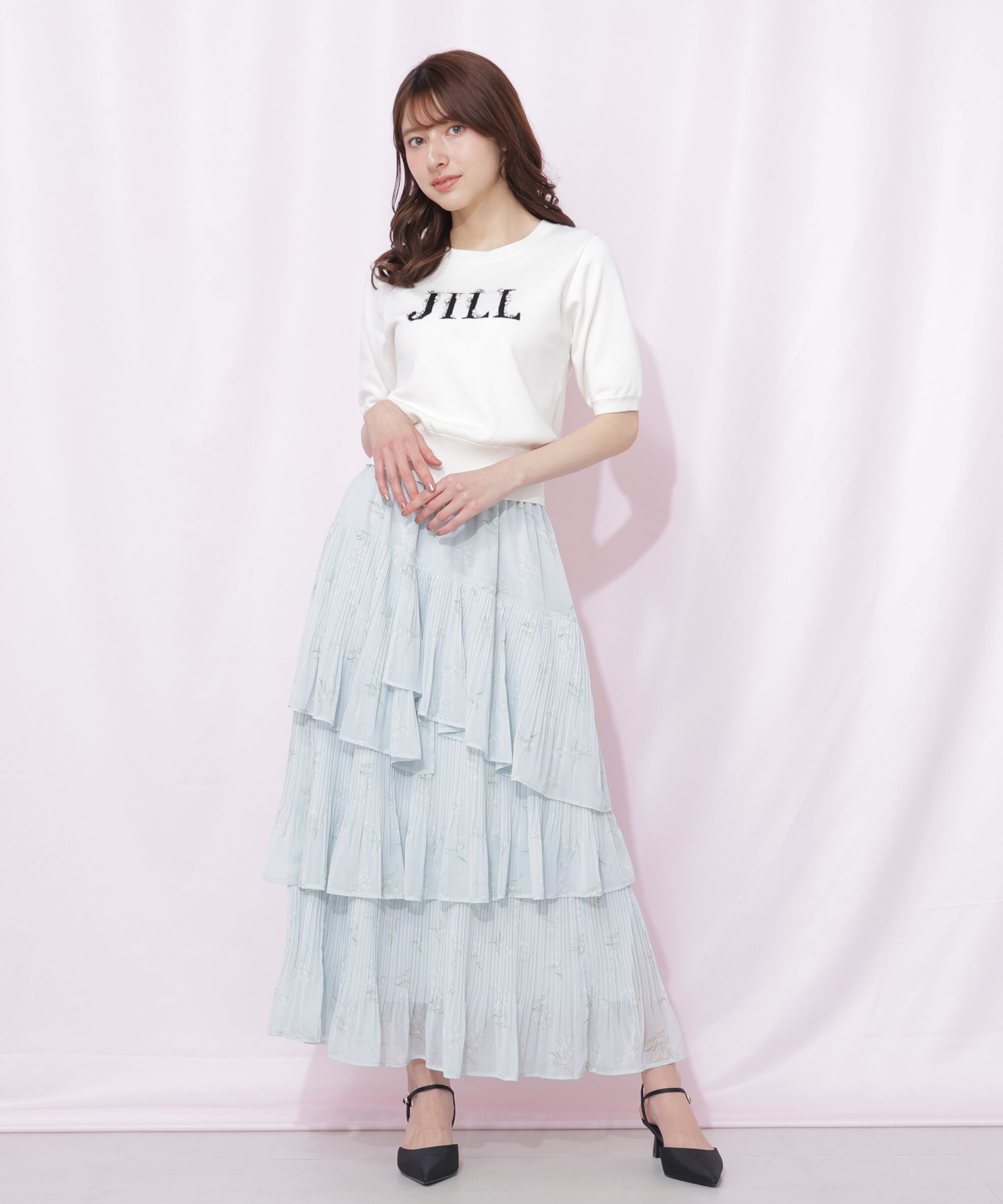  「半袖ロゴジャカードビジューニット」|ニット・セーター|