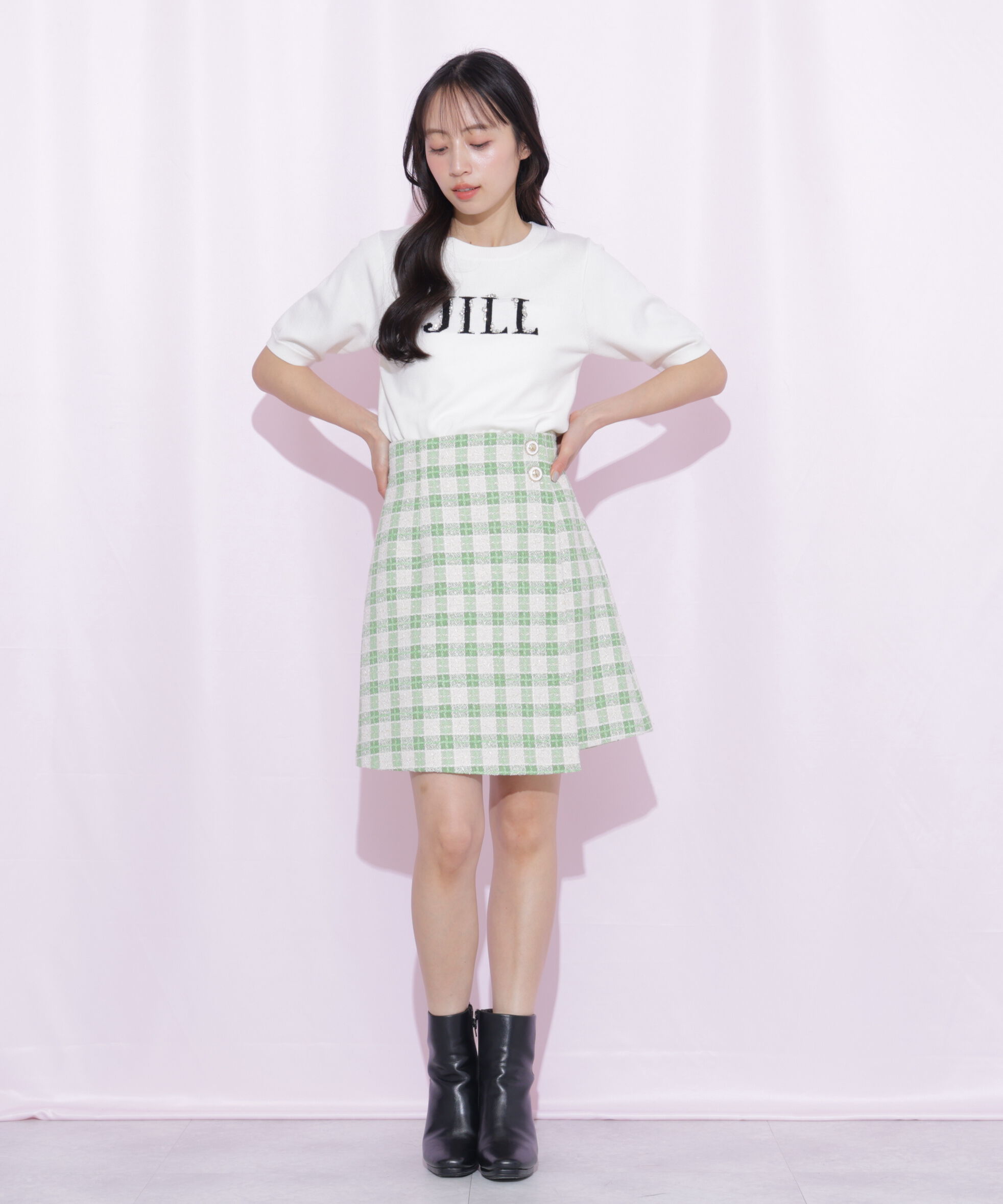  「半袖ロゴジャカードビジューニット」|ニット・セーター|