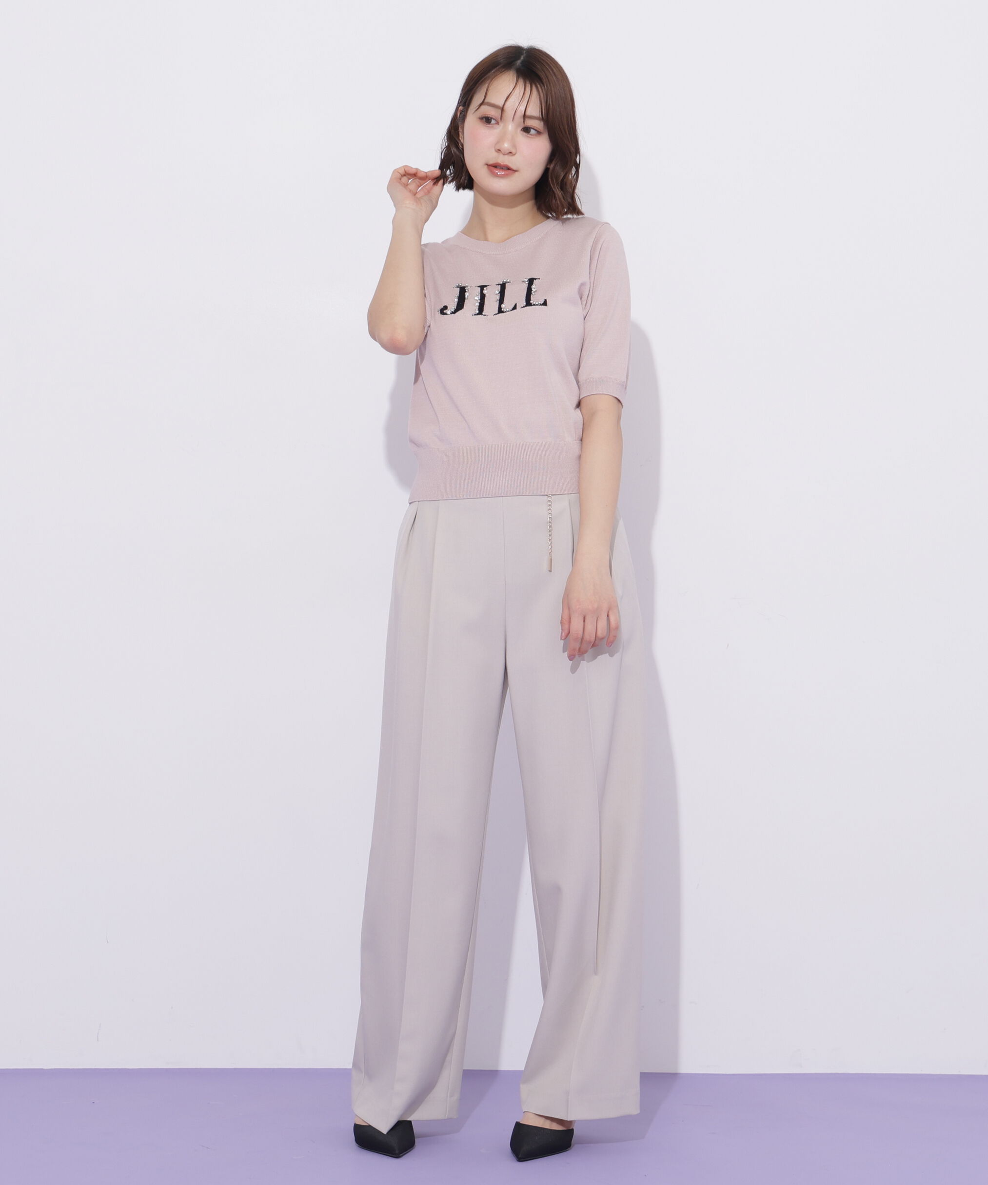  「半袖ロゴジャカードビジューニット」|ニット・セーター|