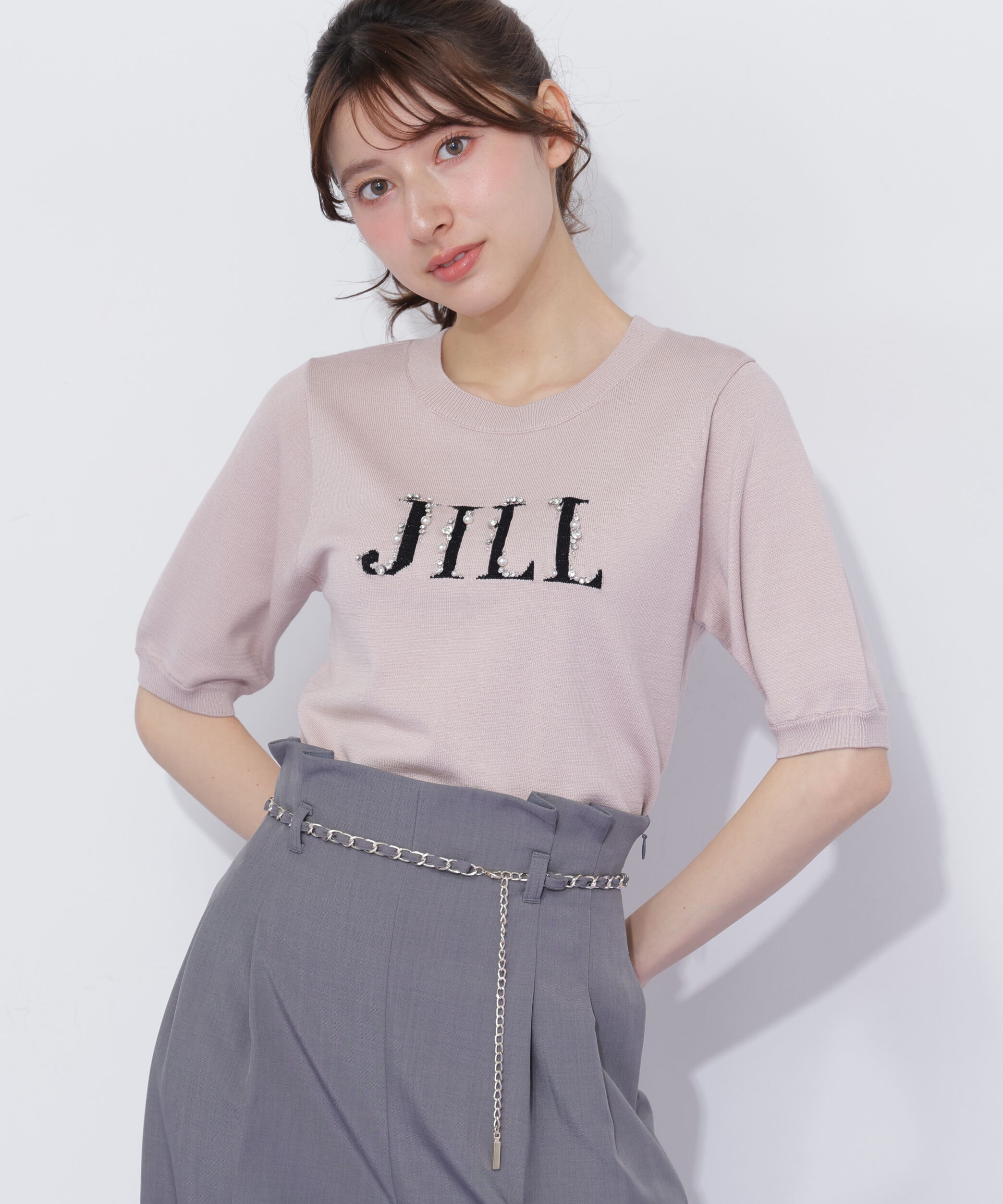  「半袖ロゴジャカードビジューニット」|ニット・セーター|