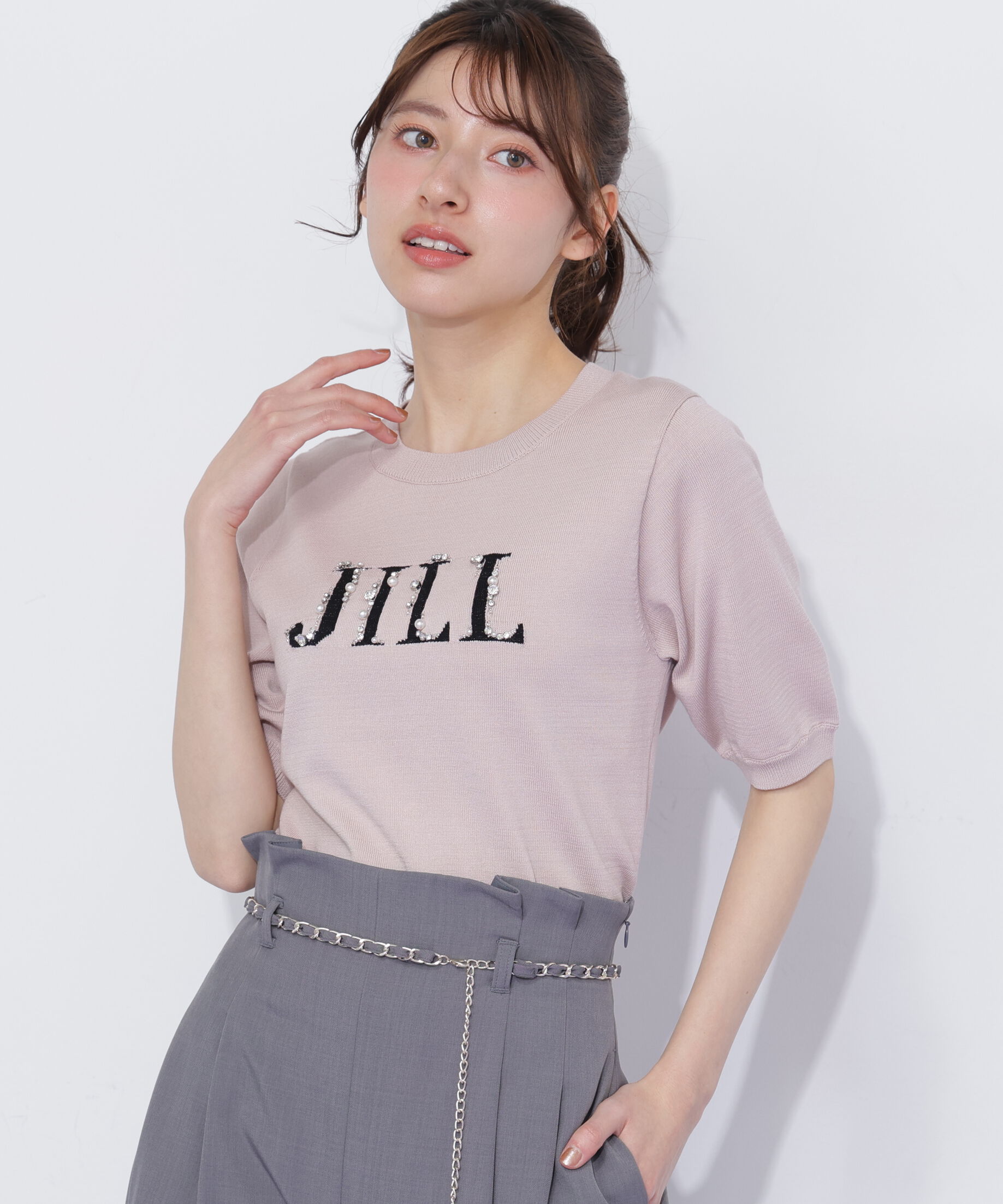  「半袖ロゴジャカードビジューニット」|ニット・セーター|