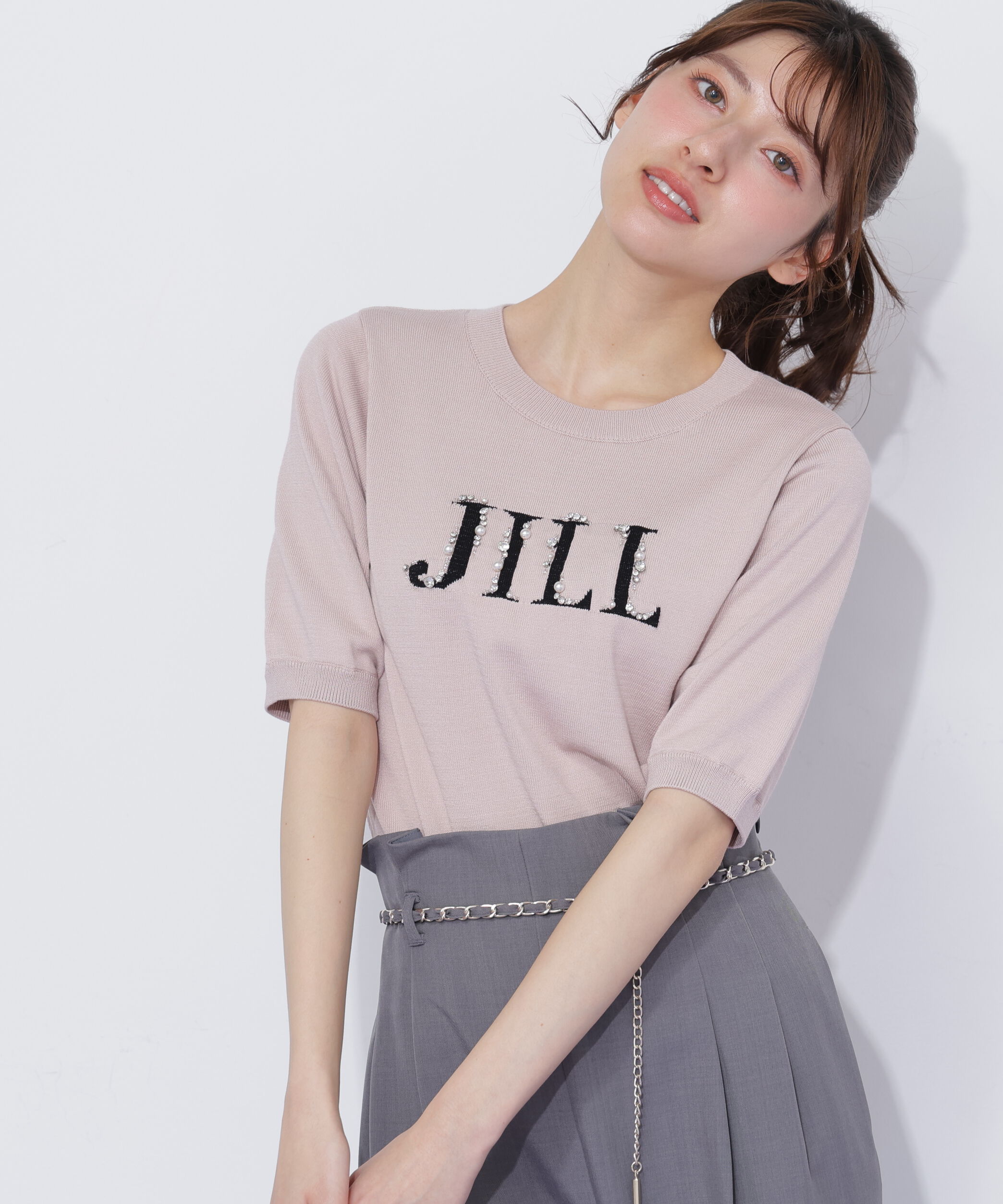  「半袖ロゴジャカードビジューニット」|ニット・セーター|