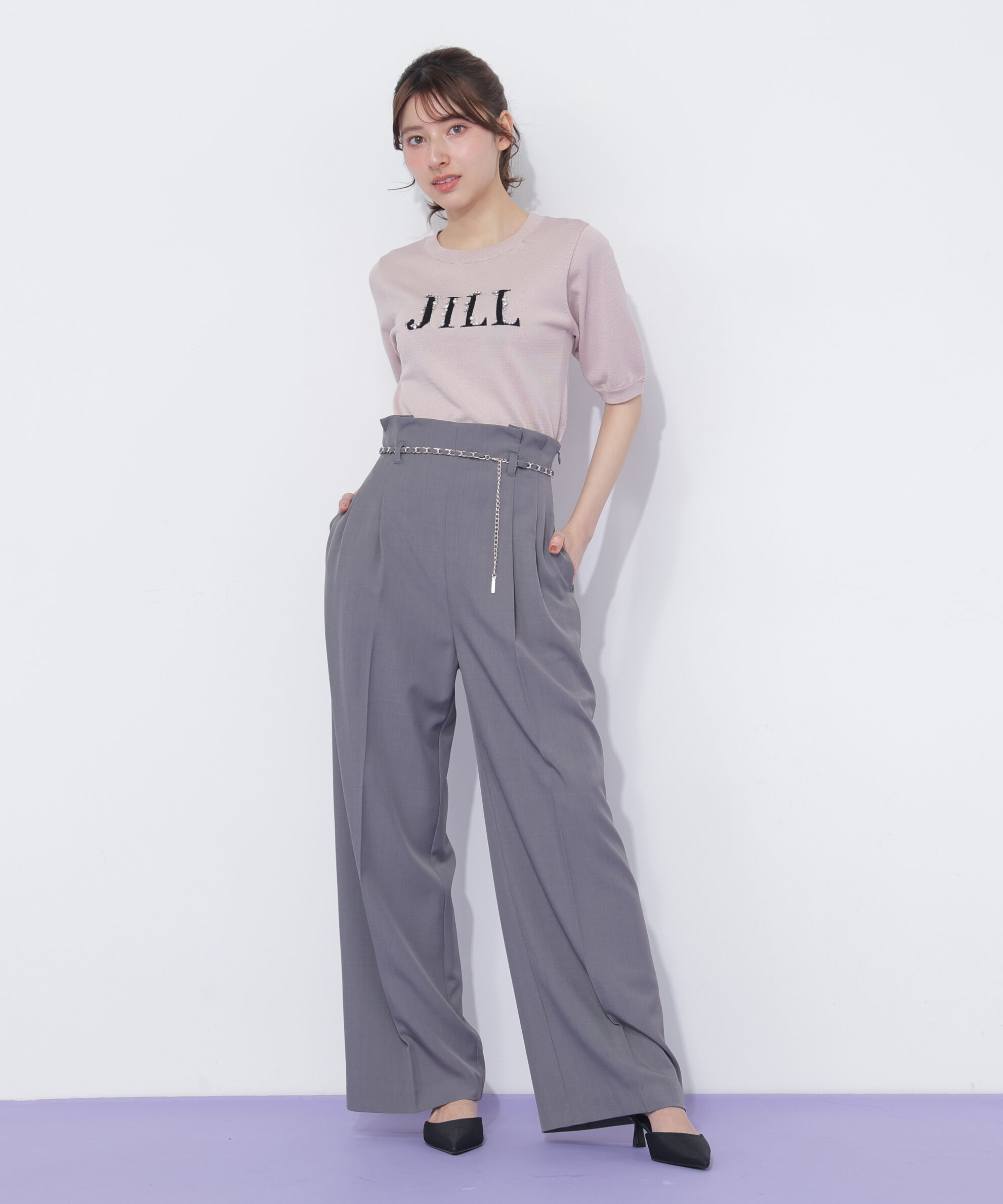  「半袖ロゴジャカードビジューニット」|ニット・セーター|