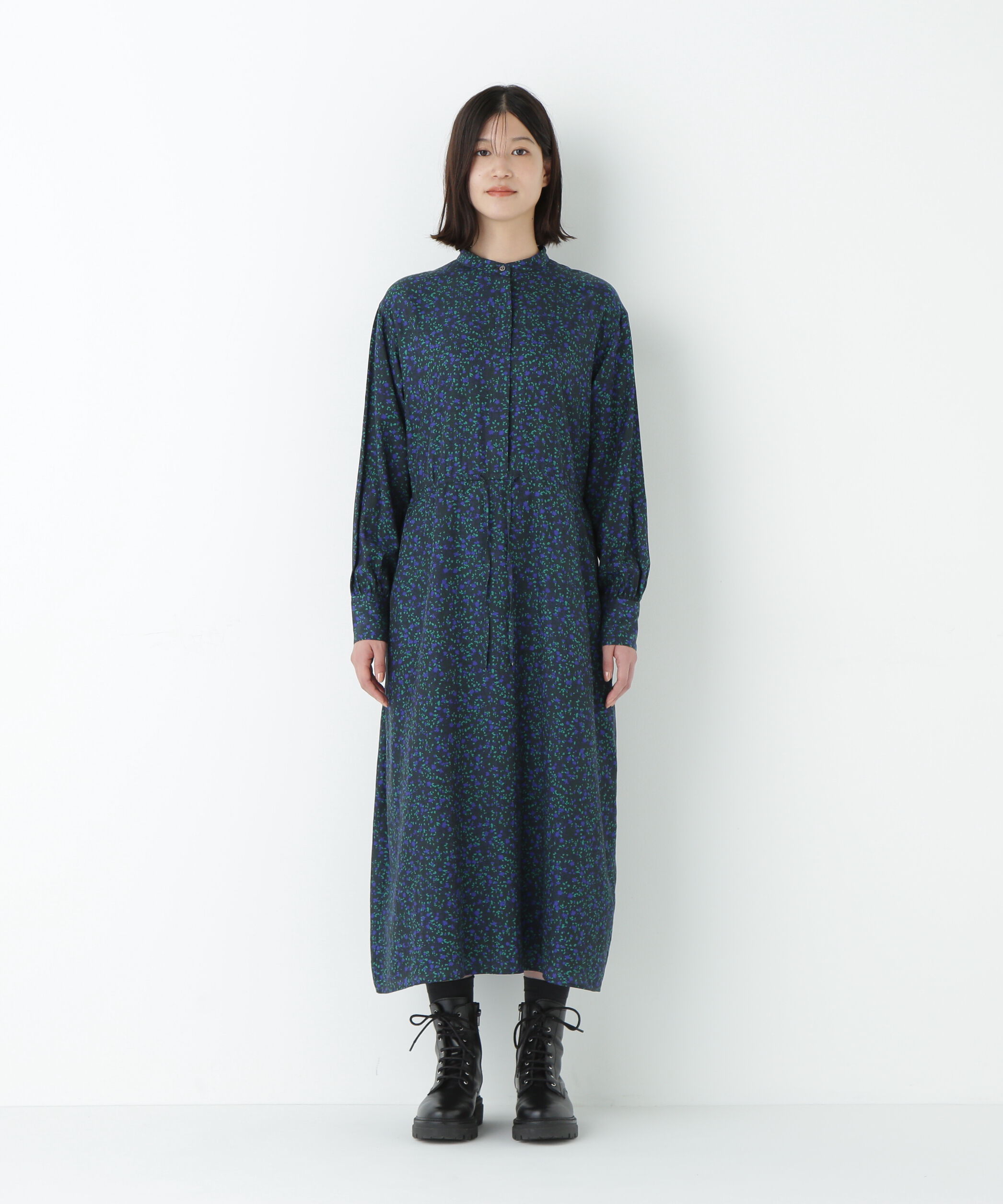  「プチフラワープリントブラウジングバンドカラーワンピース」|ワンピース|