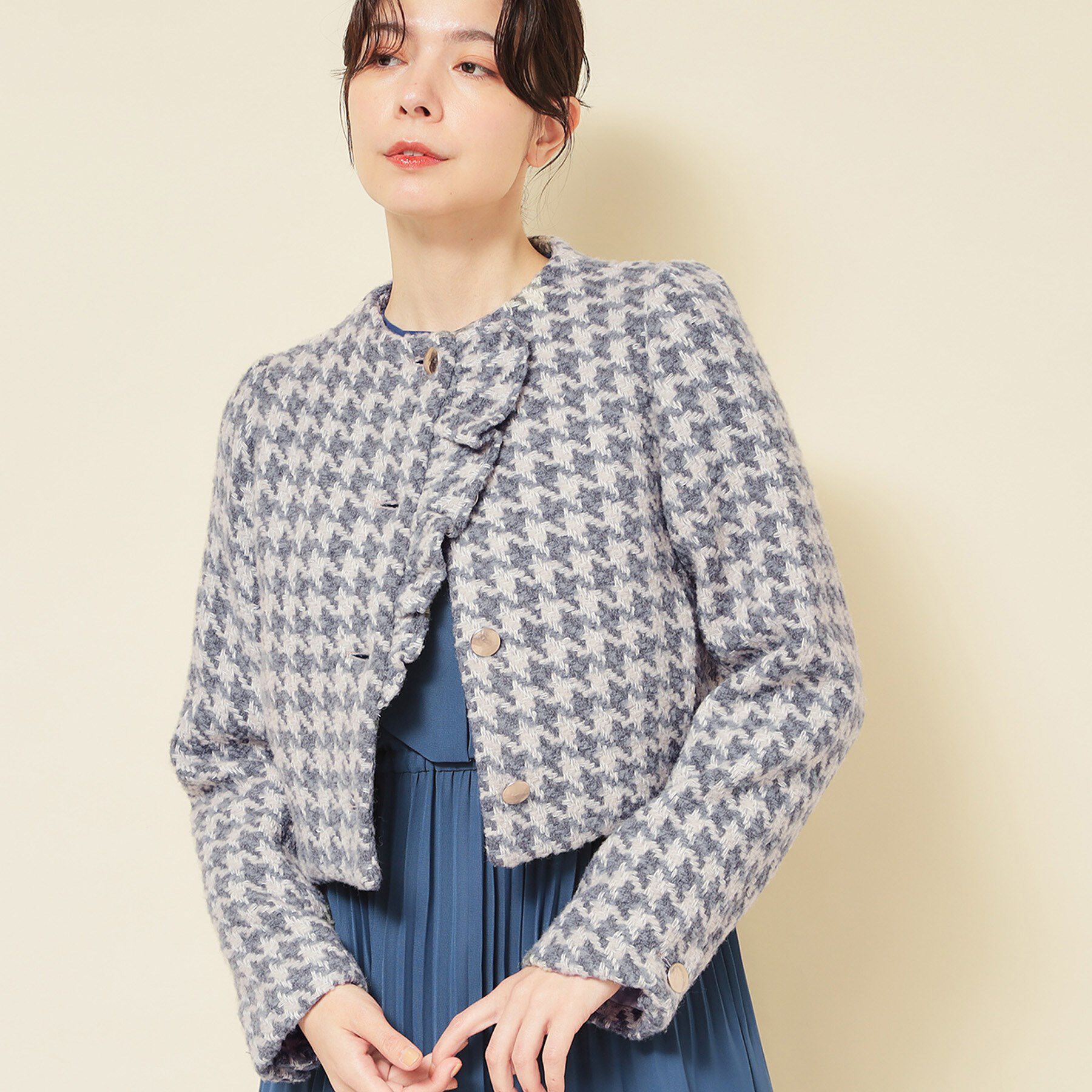 SunaUna「【COLLECTION LINE】ツイードラッフルジャケット」|ノーカラージャケット|ライトグレー(411