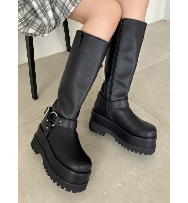 dazzlin「バイカーリングブーツ」|ロングブーツ|ブラック