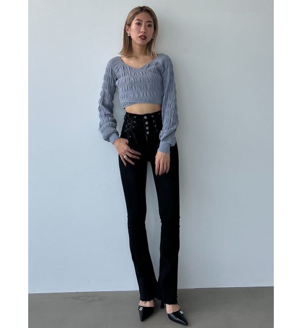 EMODA「Wレースアップハイウエストフレアパギンス」|デニム|