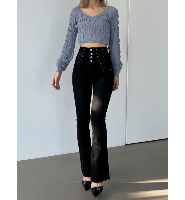 EMODA「Wレースアップハイウエストフレアパギンス」|デニム|