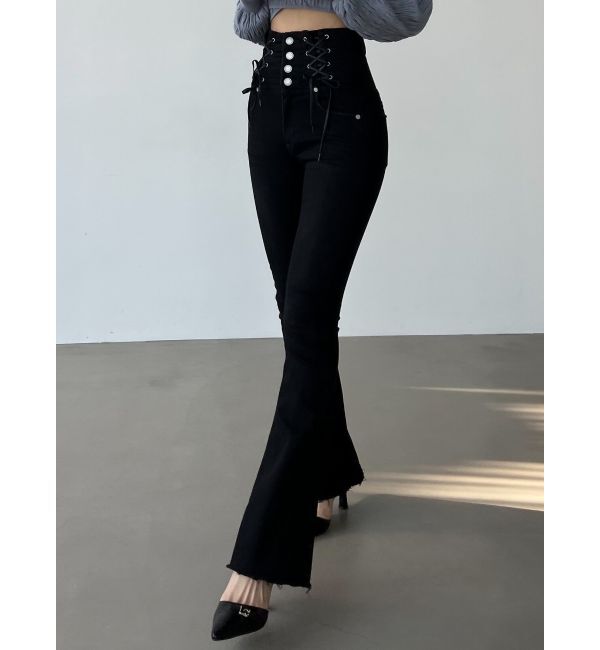 EMODA「Wレースアップハイウエストフレアパギンス」|デニム|