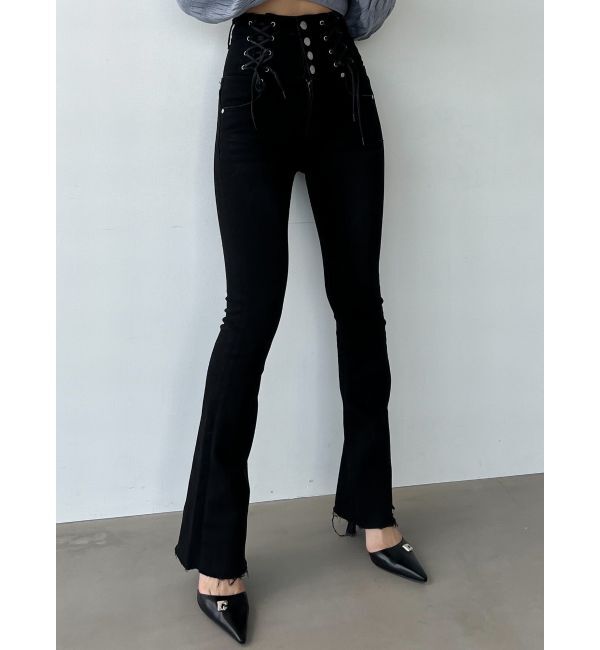 EMODA「Wレースアップハイウエストフレアパギンス」|デニム|