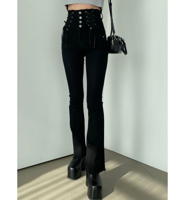 EMODA「Wレースアップハイウエストフレアパギンス」|デニム|