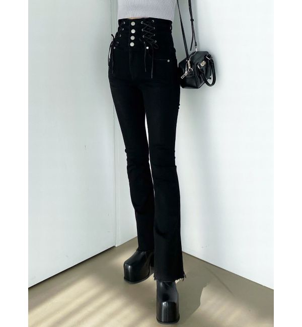 EMODA「Wレースアップハイウエストフレアパギンス」|デニム|