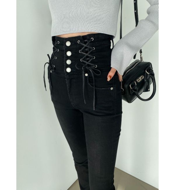 EMODA「Wレースアップハイウエストフレアパギンス」|デニム|