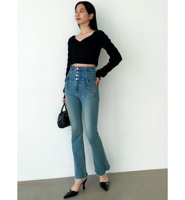 EMODA「Wレースアップハイウエストフレアパギンス」|デニム|