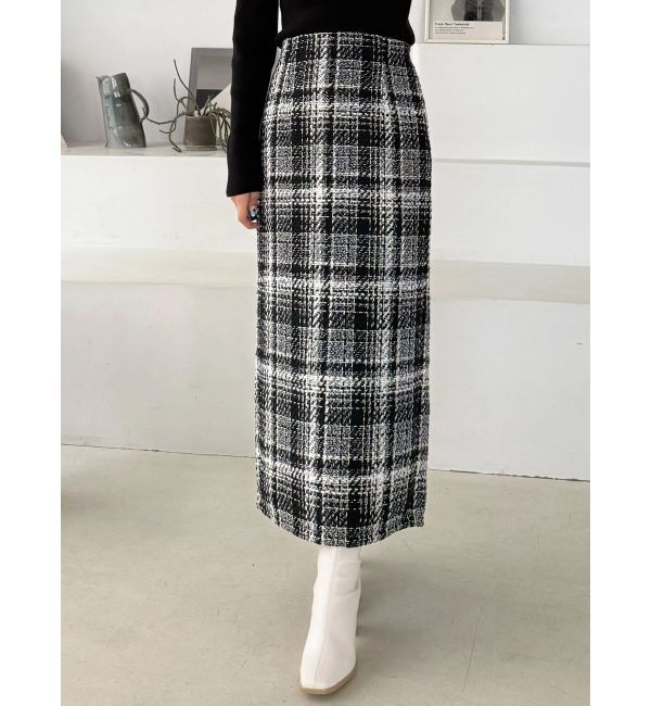 MERCURYDUO「チェックツィードタイトスカート」|スカート|ブラック