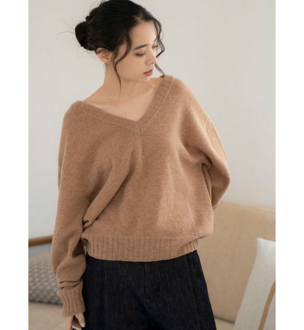 Ungrid「ラムウールVネックニット」|ニット・セーター|キャメル