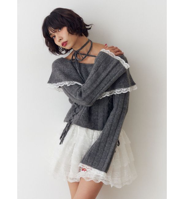 jouetie「フリルレースオフショルトップス」|ニット・セーター|グレー