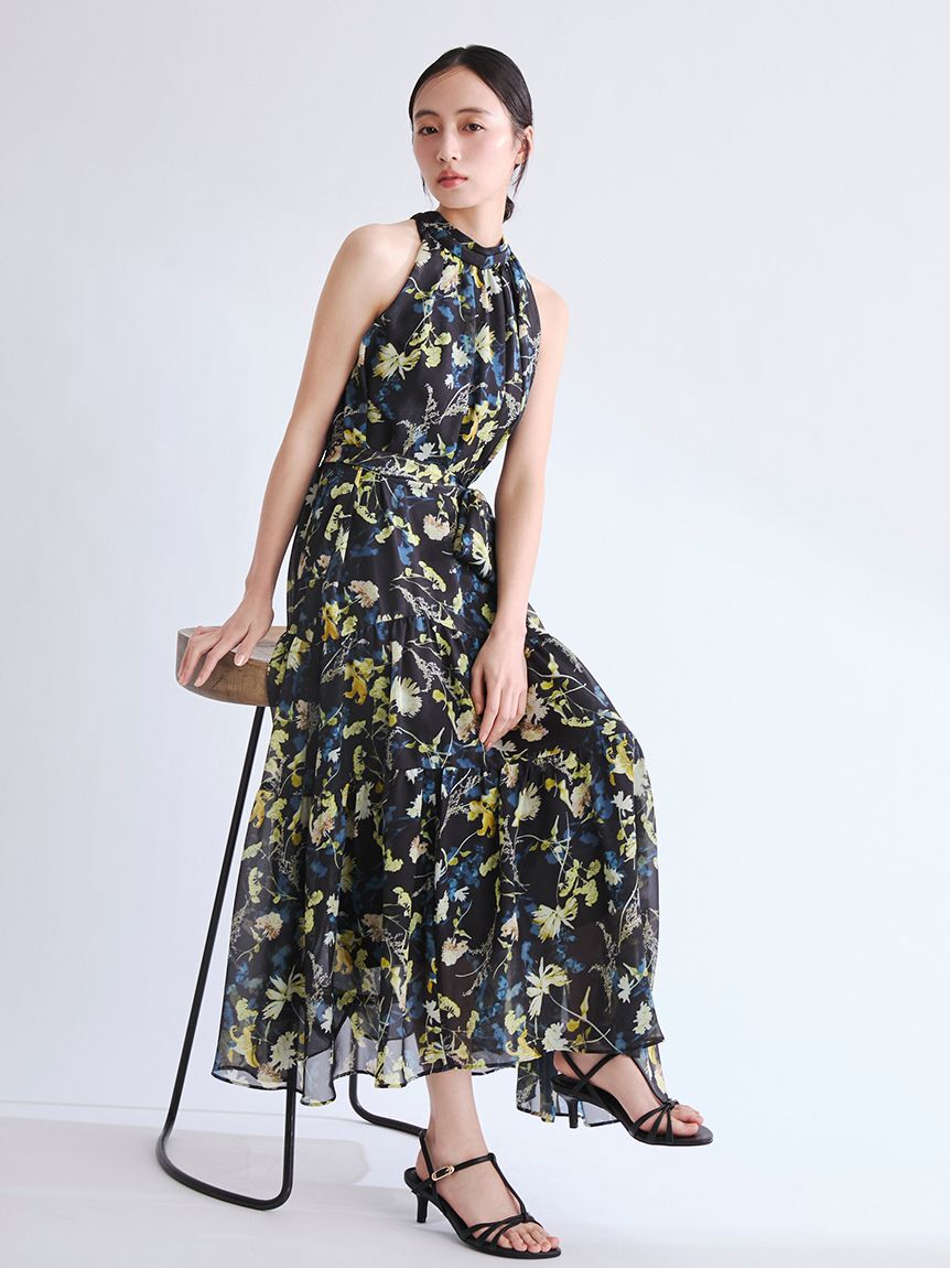 FRAY I.D「ホルターネックシアープリントワンピース」|ワンピース|BLK