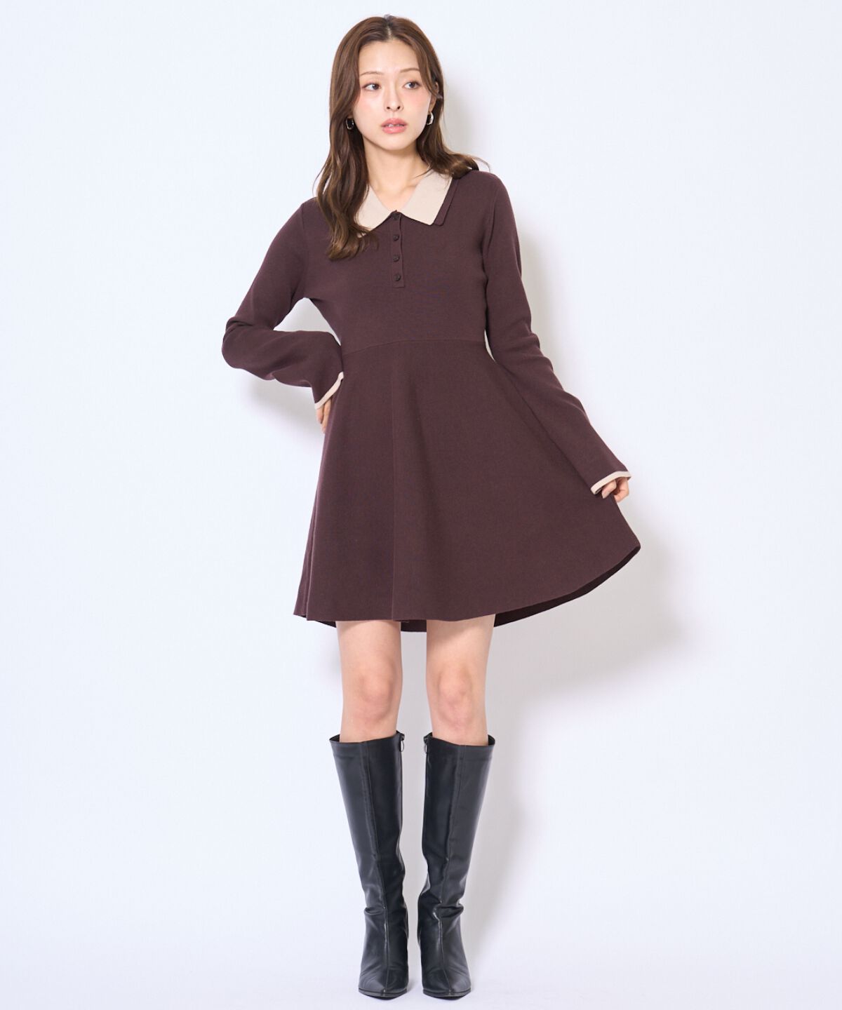 アンドクチュール「バイカラーポロニットフレアミニワンピース」|ワンピース|